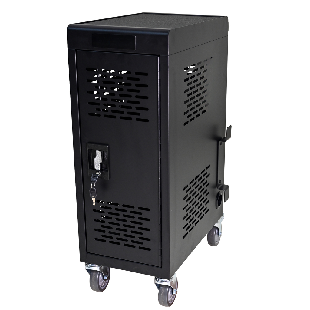 Black metal charging cart with lock and wheels for classroom tech