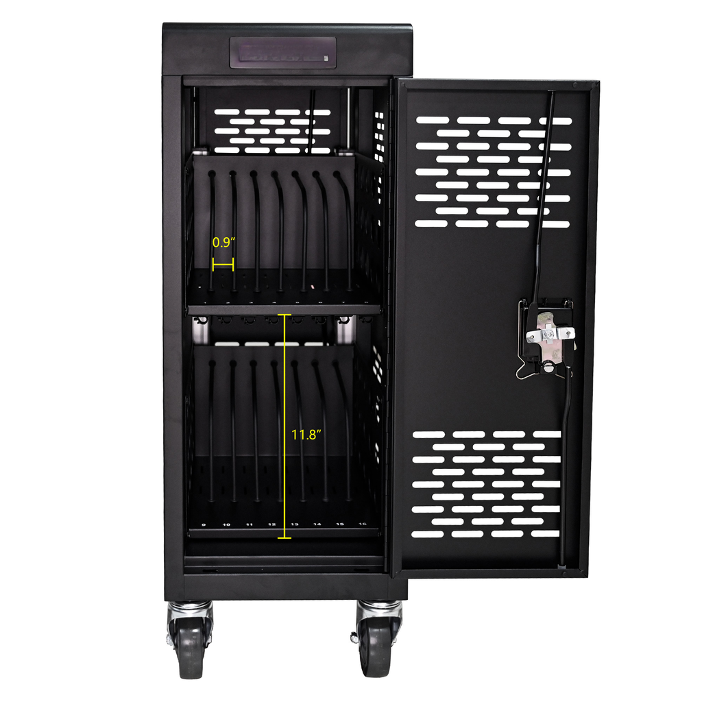 Black metal charging cart with two tiers of adjustable slots for devices ideal for classrooms