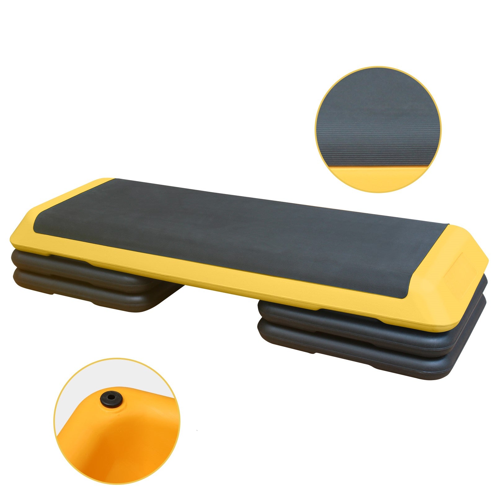 Adjustable aerobic step with textured black surface and yellow trim