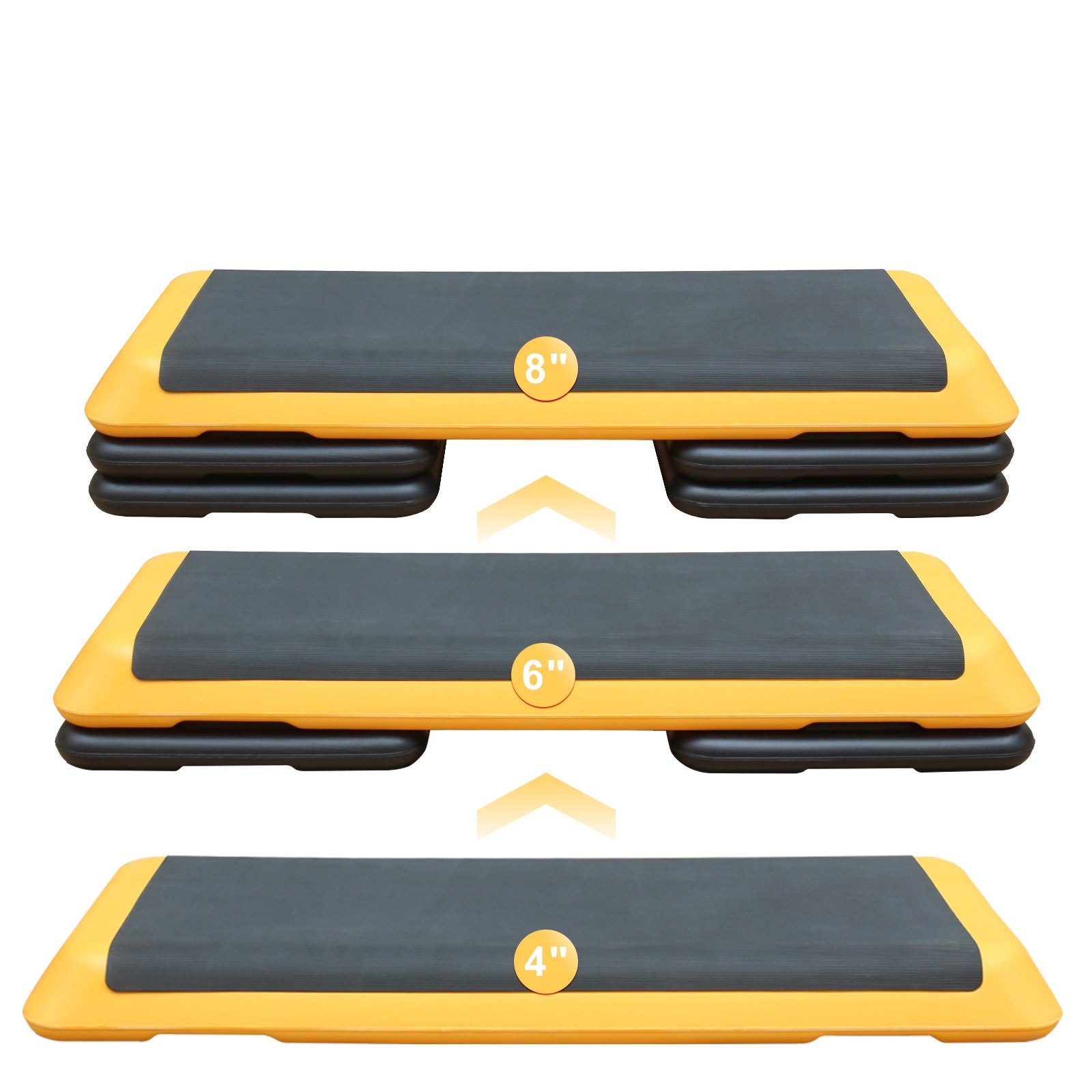 Yellow and black adjustable aerobic stepper with inch height setting for home workouts