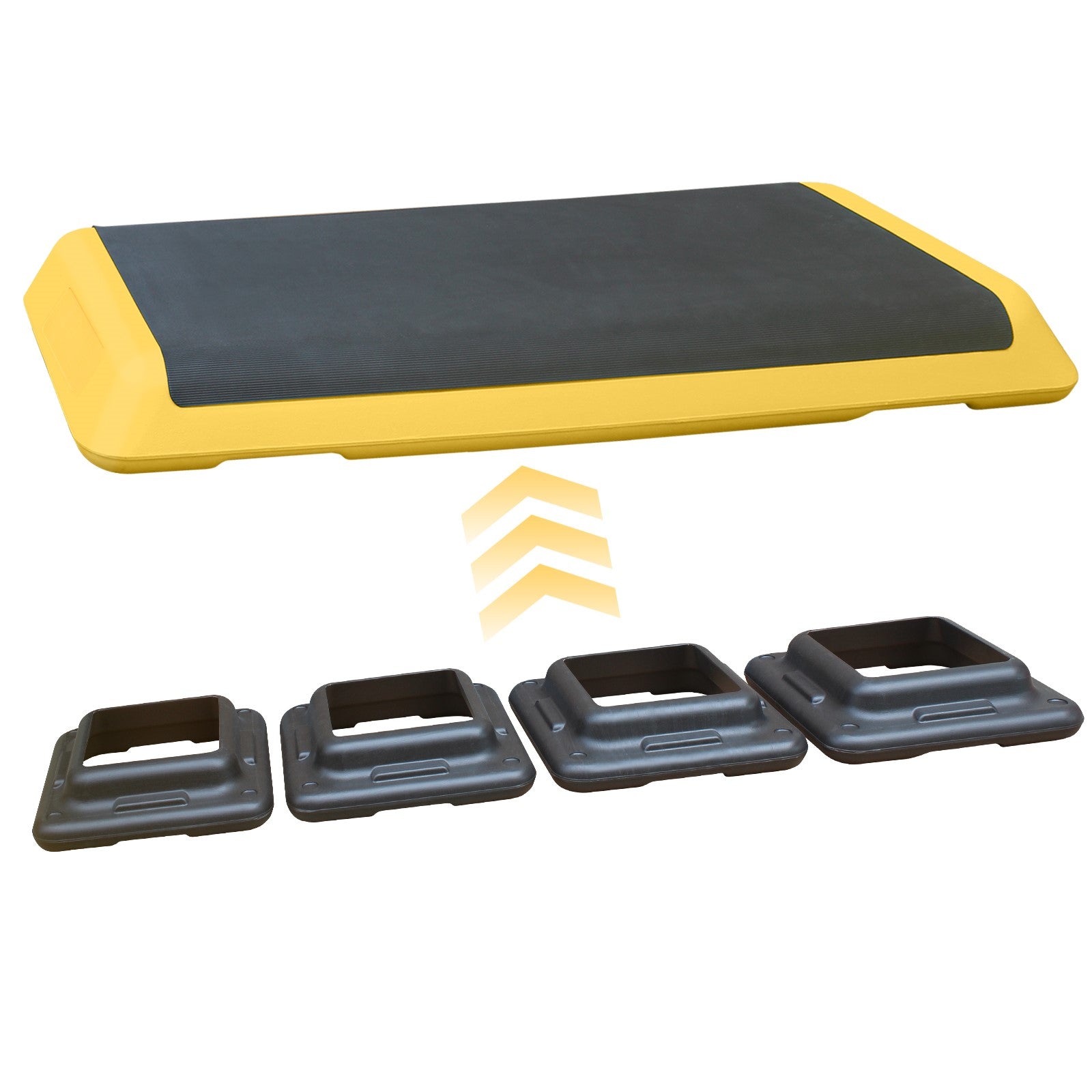 Yellow and black adjustable aerobic step with risers for home gym workouts