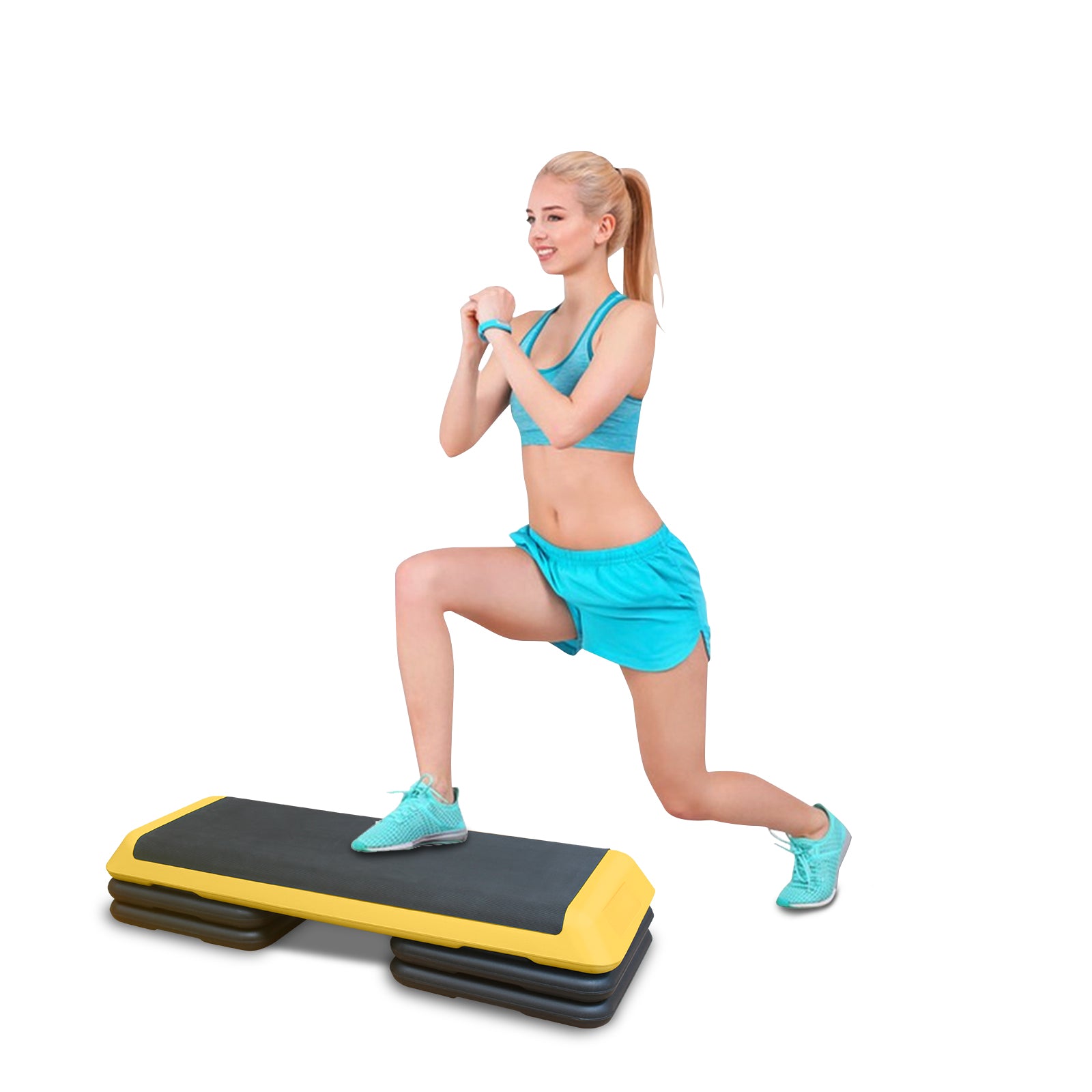 Adjustable aerobic step platform with yellow accents perfect for home workouts