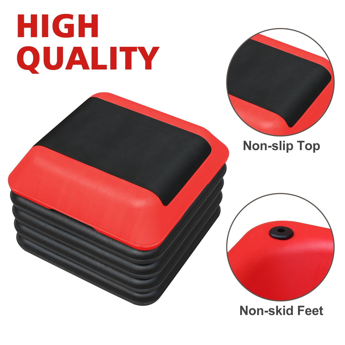 Red and black adjustable aerobic stepper with nonslip top for home workouts