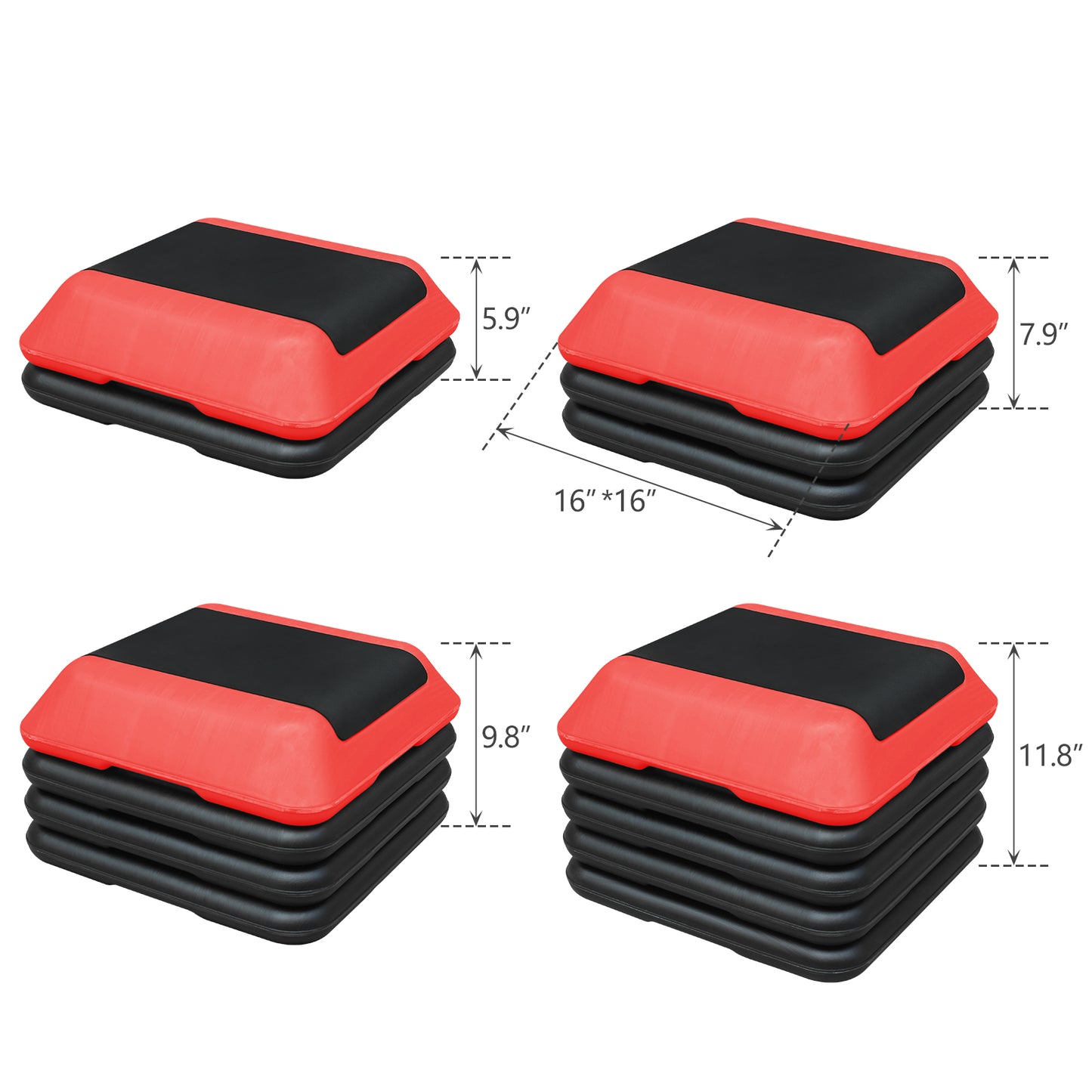Red and black aerobic step with adjustable risers for home workouts