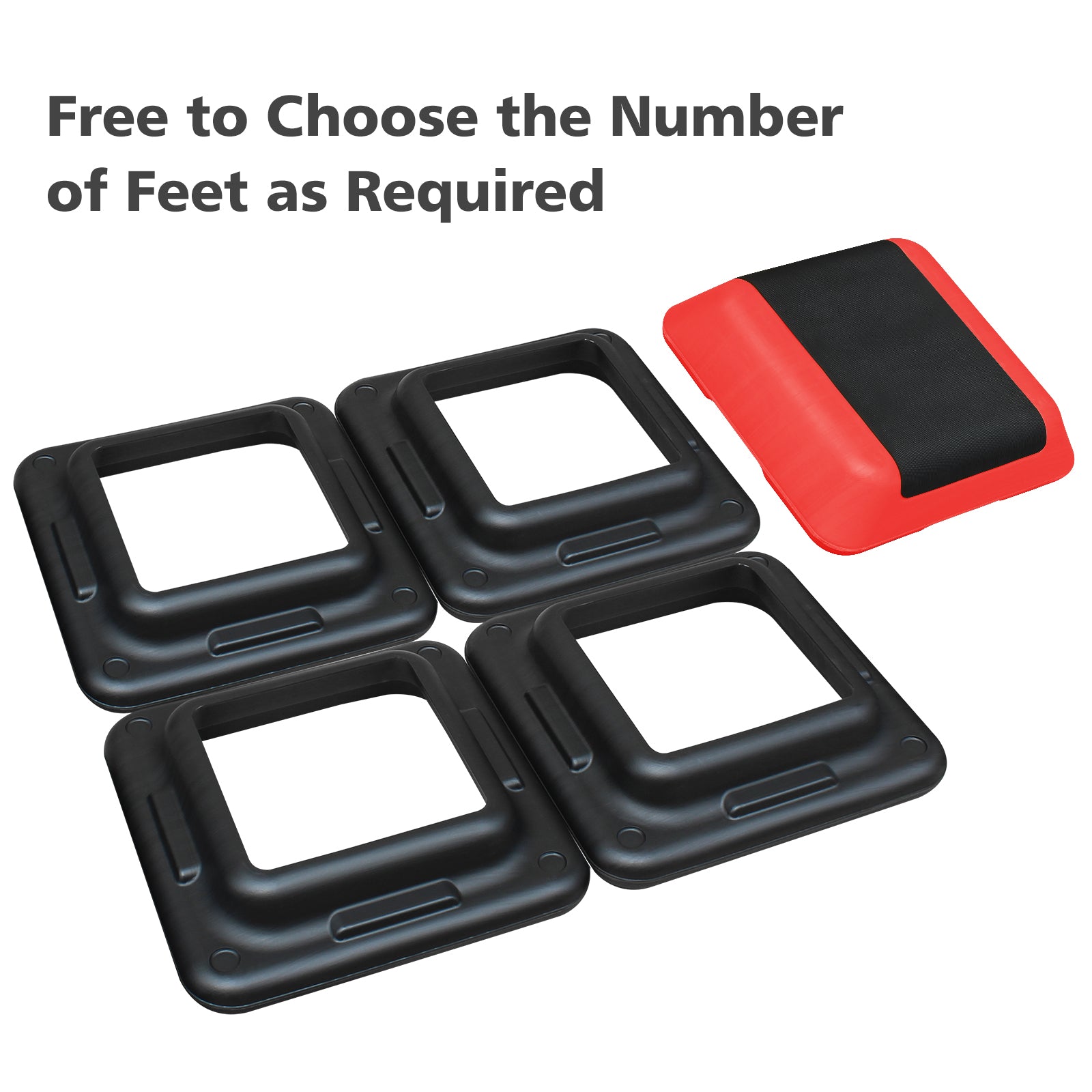 Four black step aerobic risers and one red stepper with black grip surface for versatile home workouts