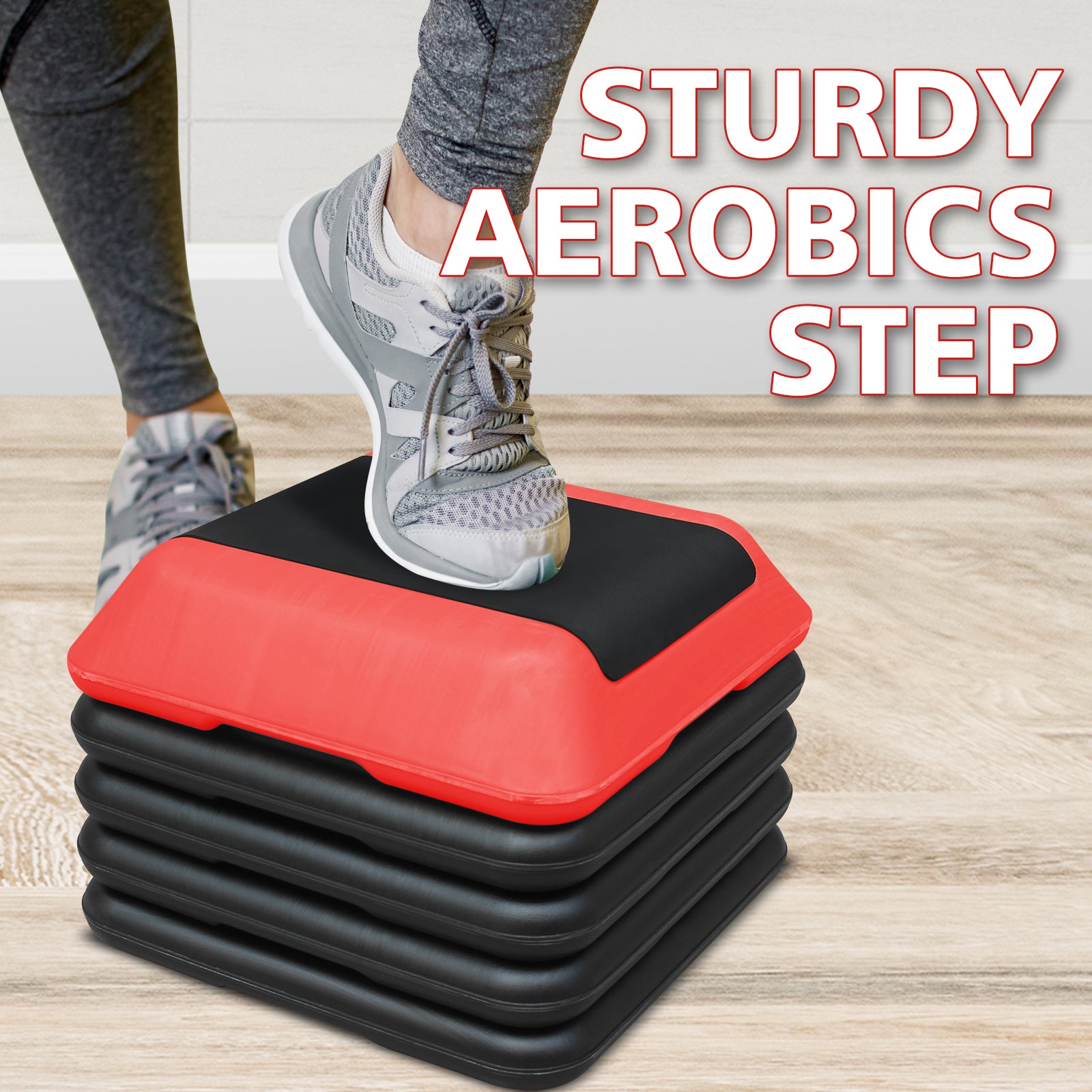 Red and black adjustable aerobics step  inches tall for home workouts