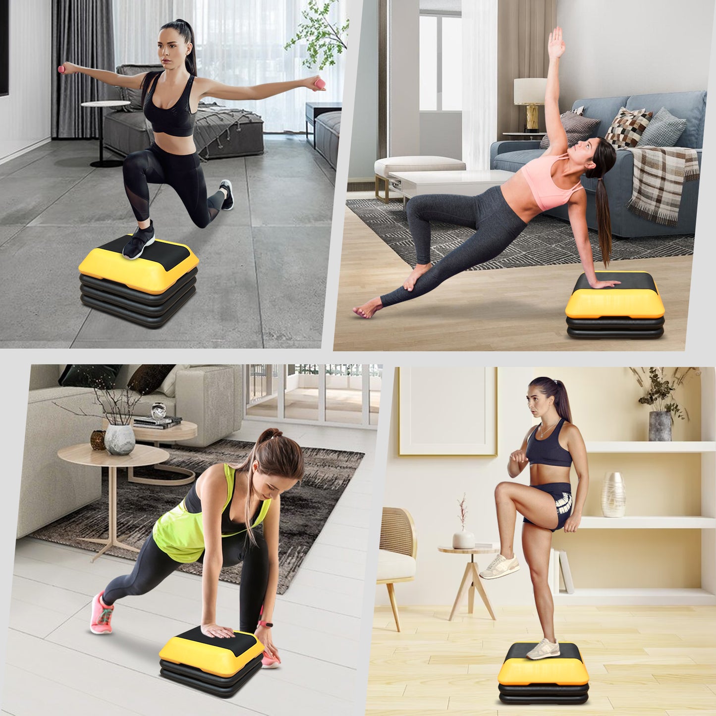Woman performing lunges on a black and yellow aerobic step