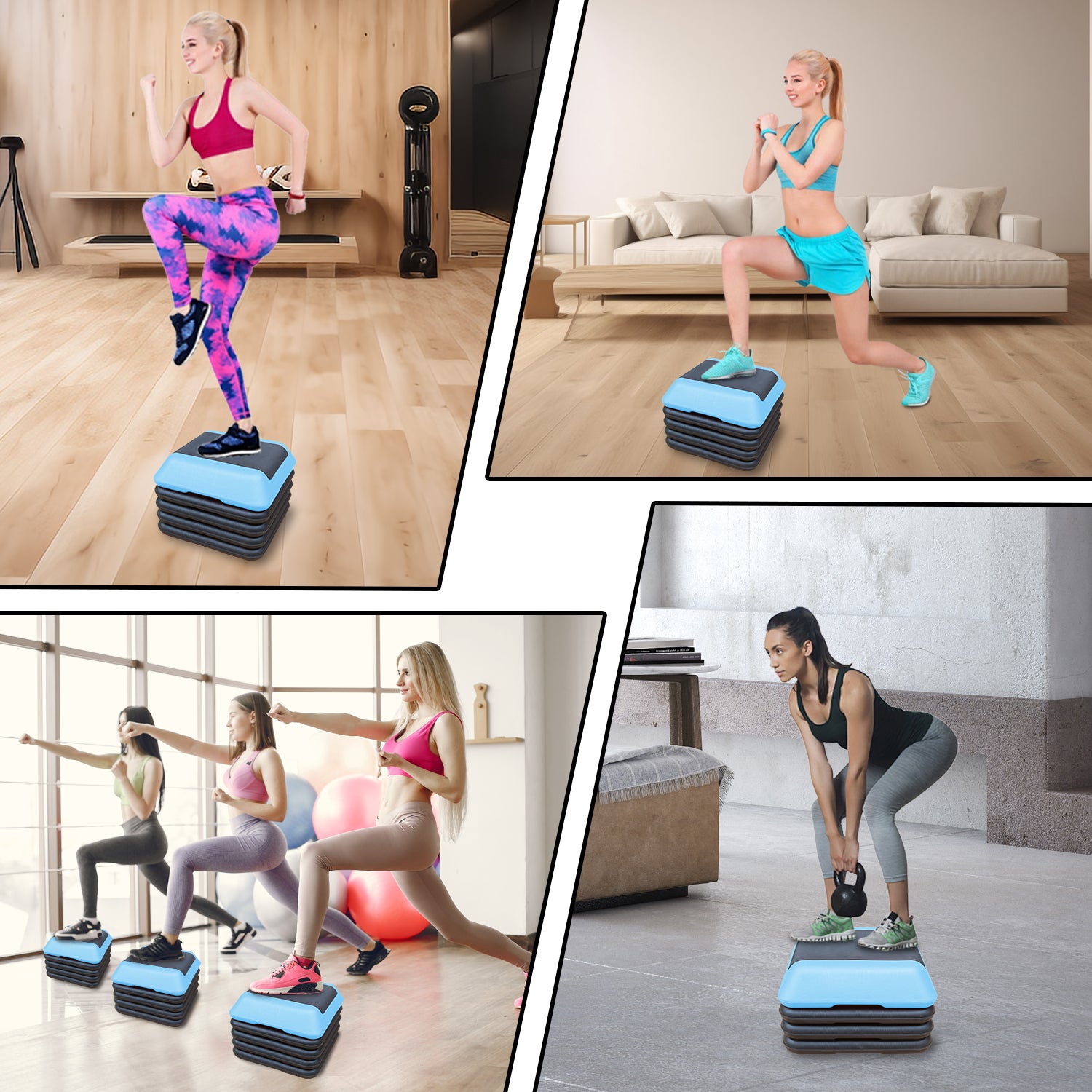 Woman performing aerobic stepups on a blue and black adjustable aerobic step