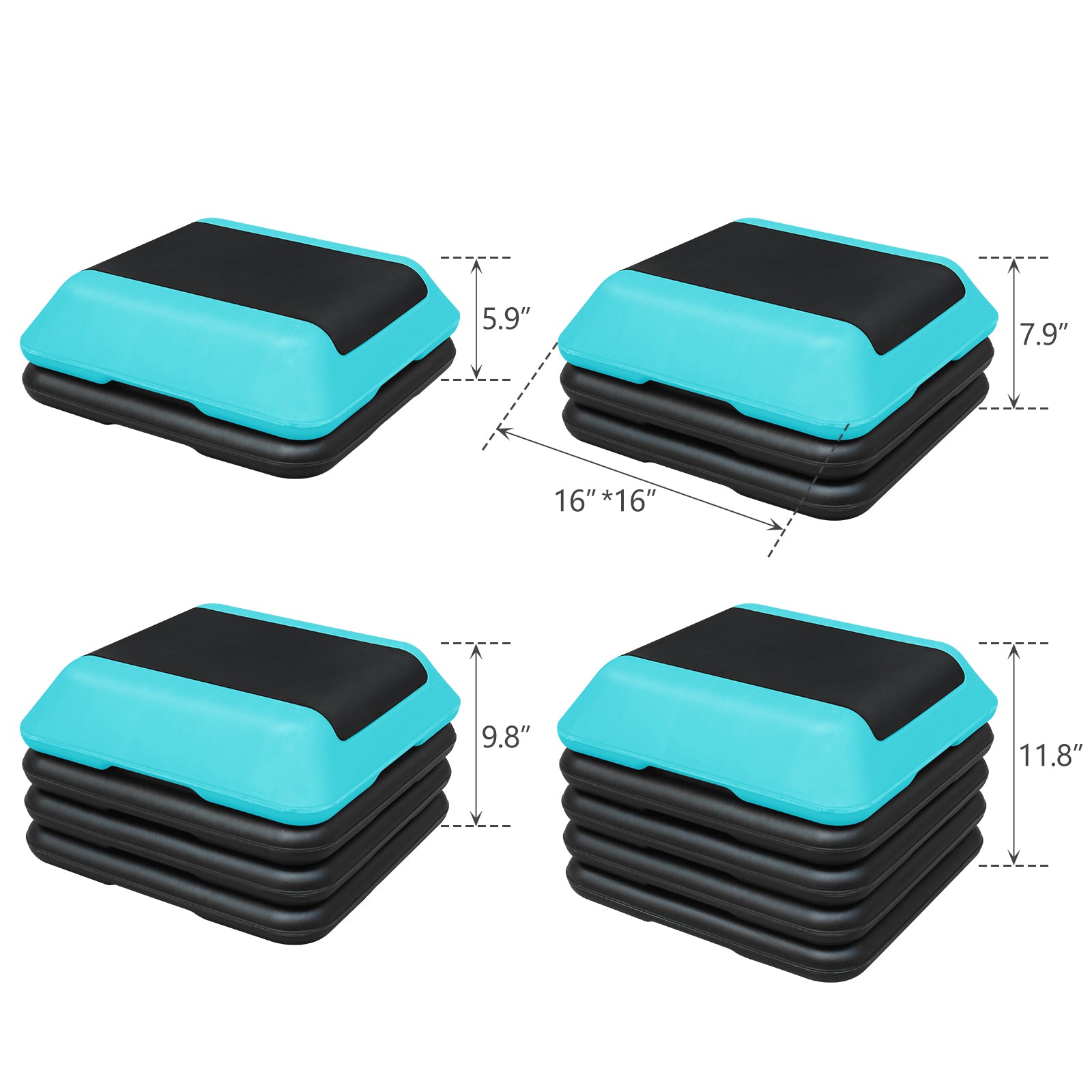 Aqua and black aerobic step showing  inches height and x inches base