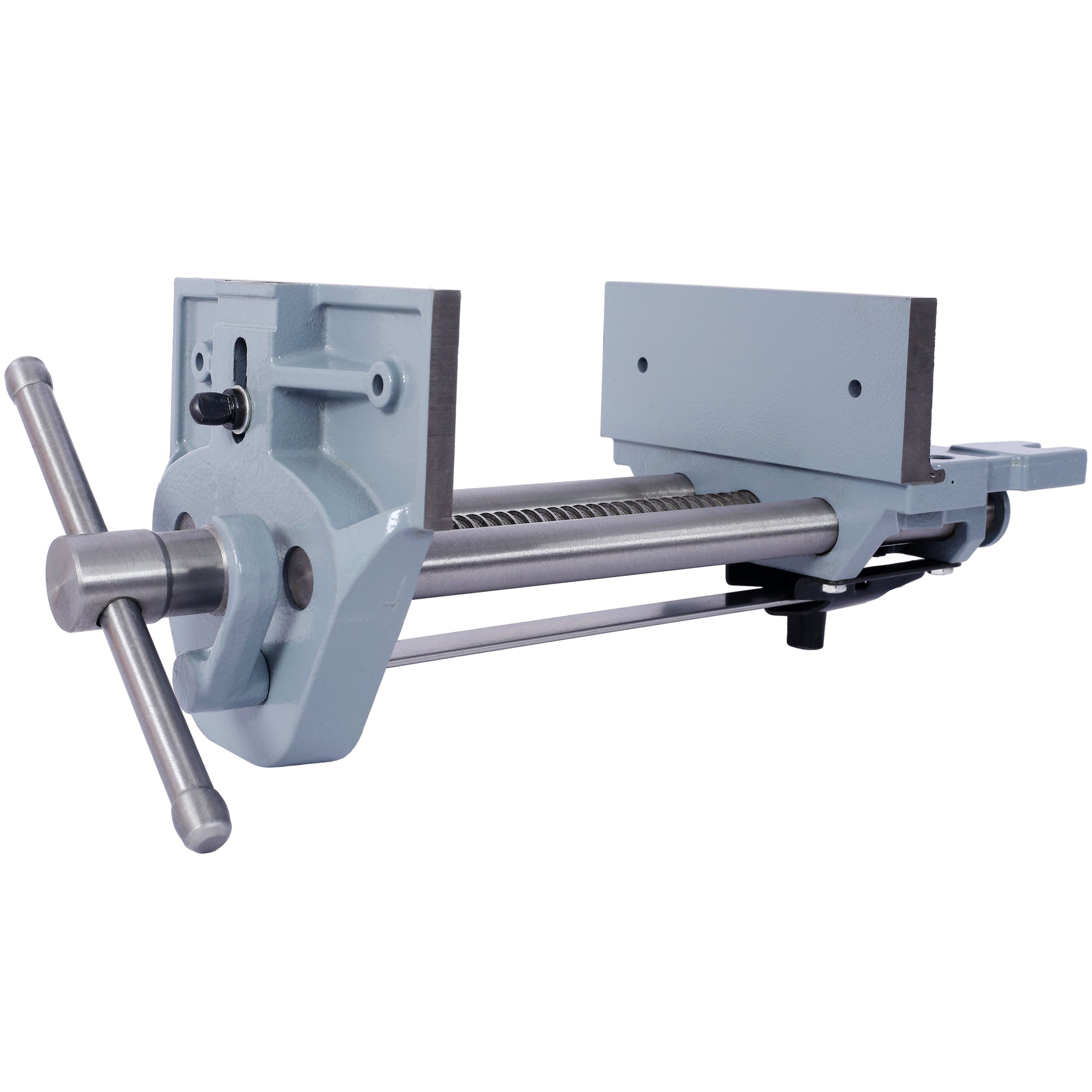 Grey cast iron bench vise with a metal crank handle and adjustable jaw