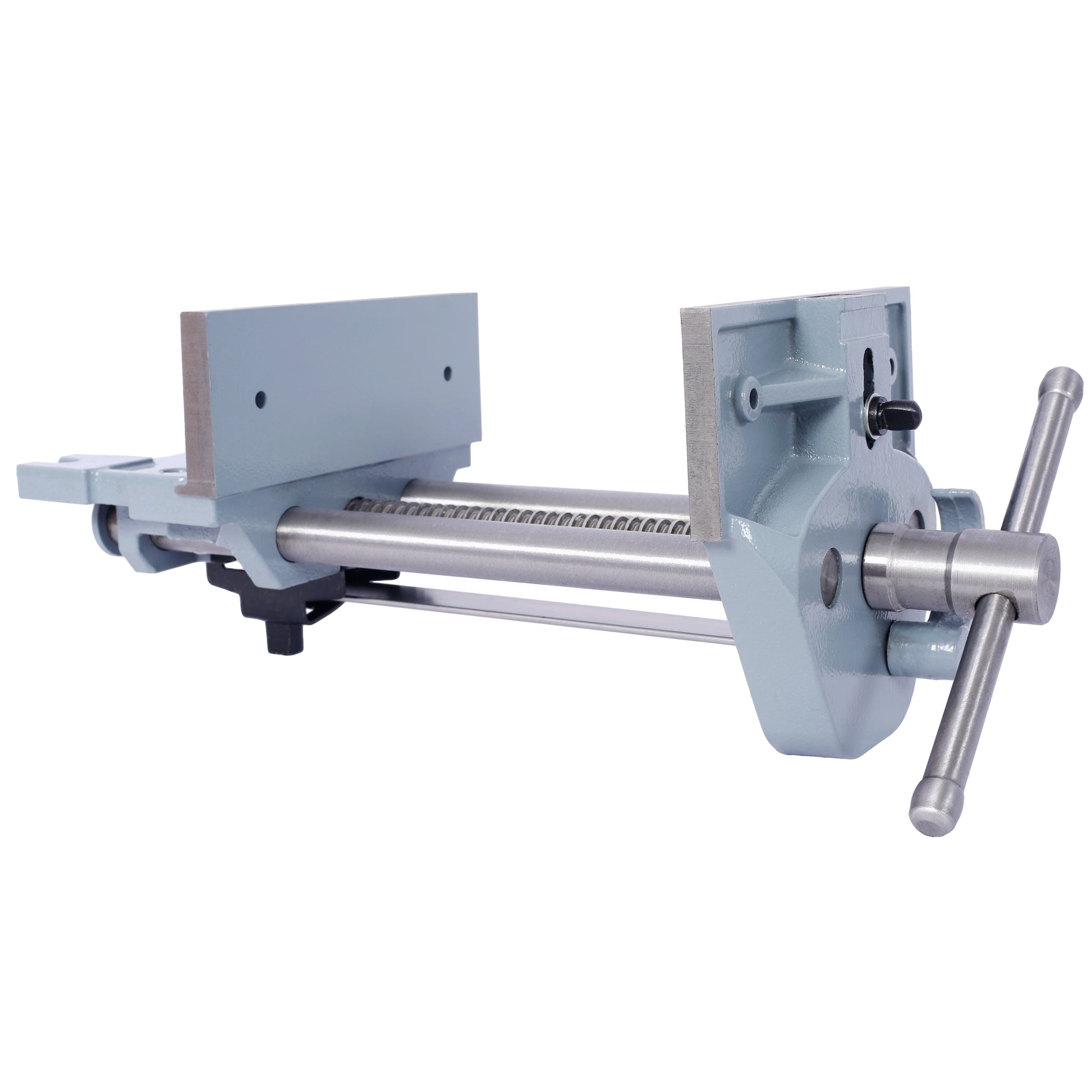 Heavyduty gray metal woodworking vise with a silver steel screw and crank handle