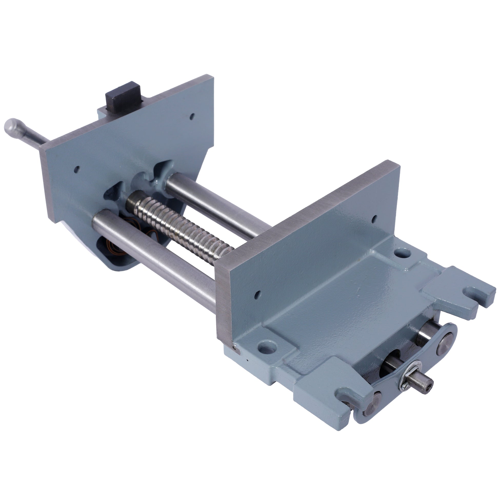 Heavyduty gray metal bench vise with a threaded screw mechanism and handle