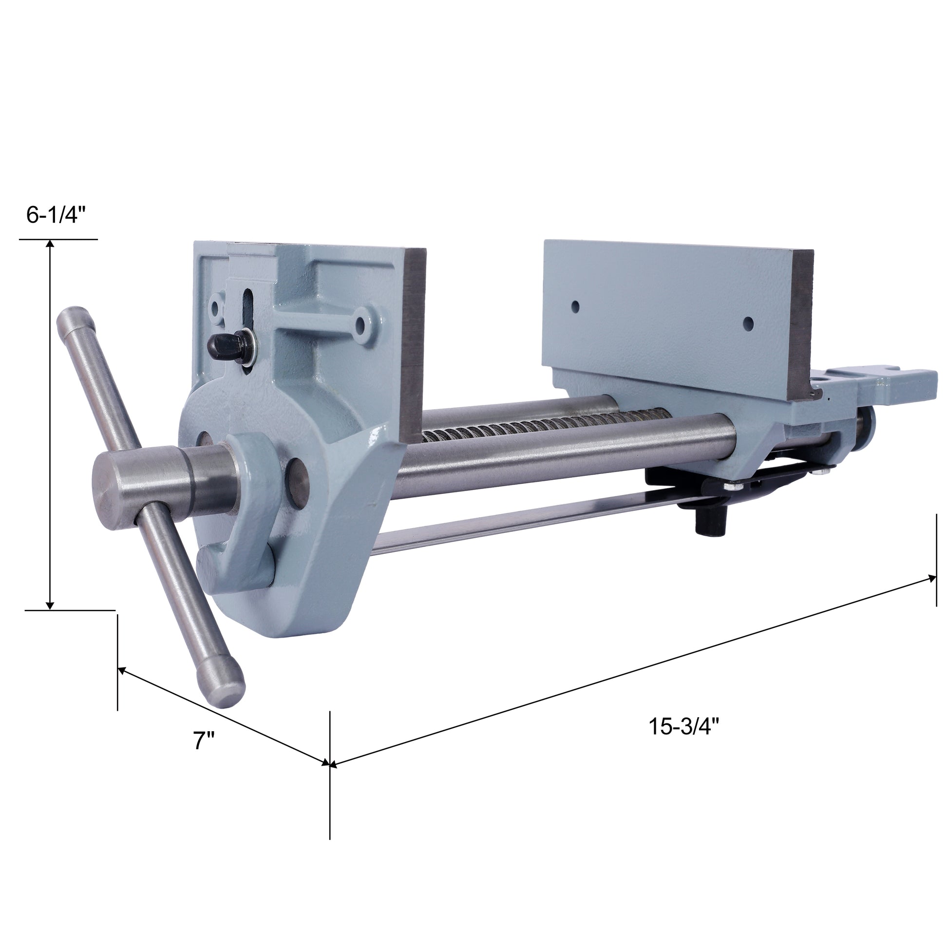Gray metal bench vise with Thandle and visible jaw measurements