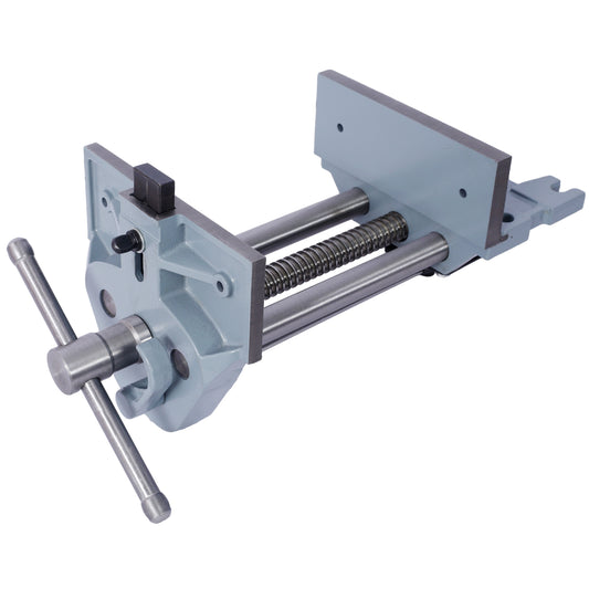 Gray cast iron woodworking vise with a large screw mechanism for secure clamping