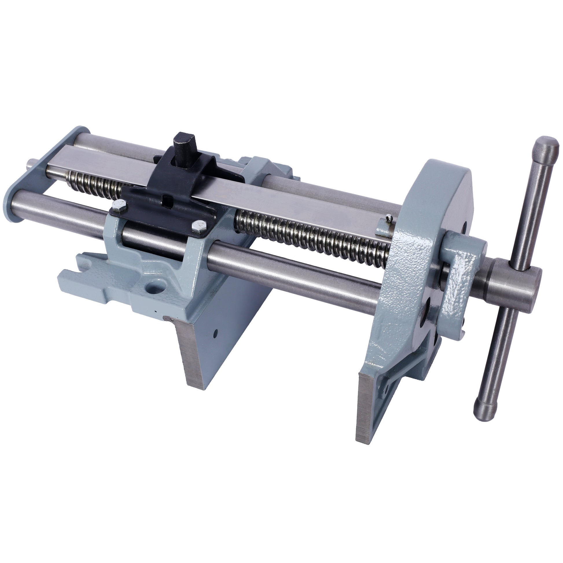 Grey metal bench vise with chrome handle for woodworking and metalworking tasks