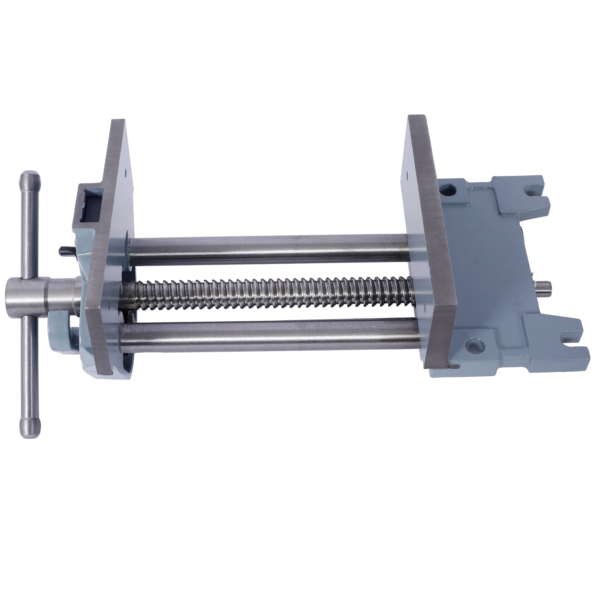 Gray metal woodworking vise with screw mechanism and handle