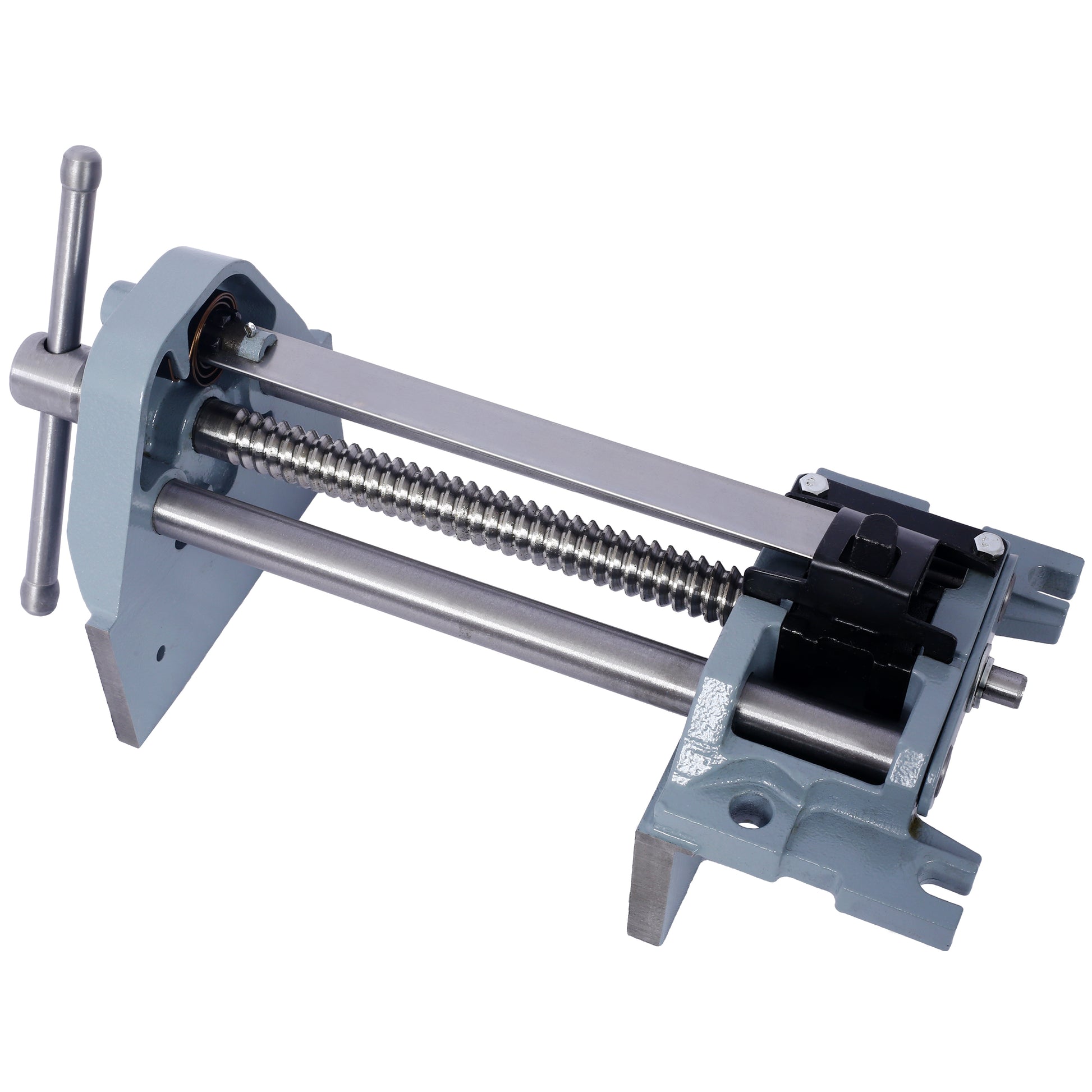 Closeup of a gray metal woodworking vise with a visible screw mechanism and handle