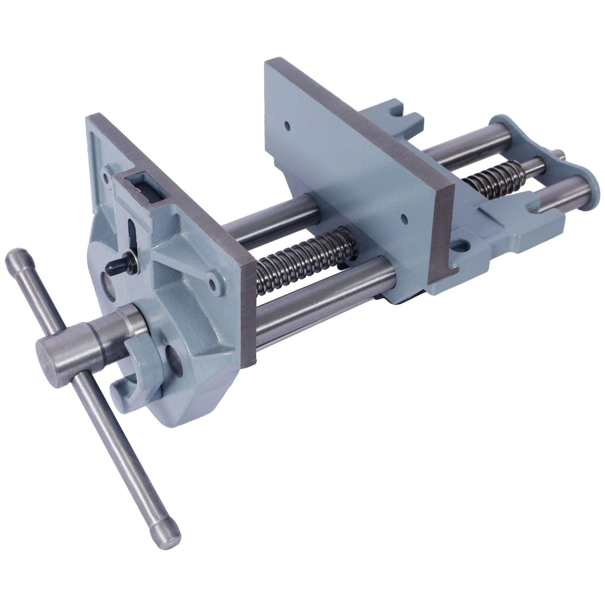 Gray metal bench vise with steel jaws and a removable handle for woodworking