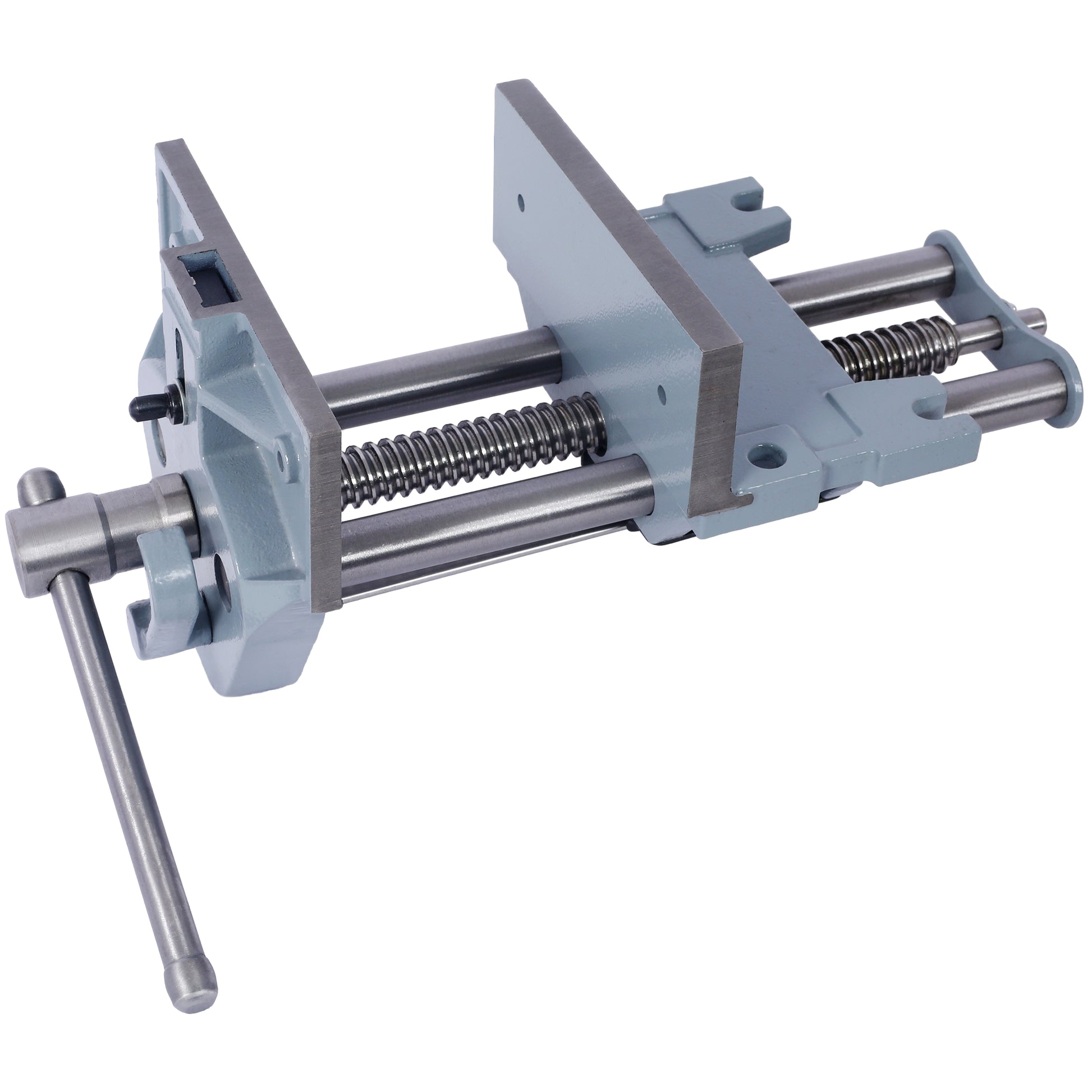 Gray metal bench vise with adjustable jaws and hand crank for woodworking tasks