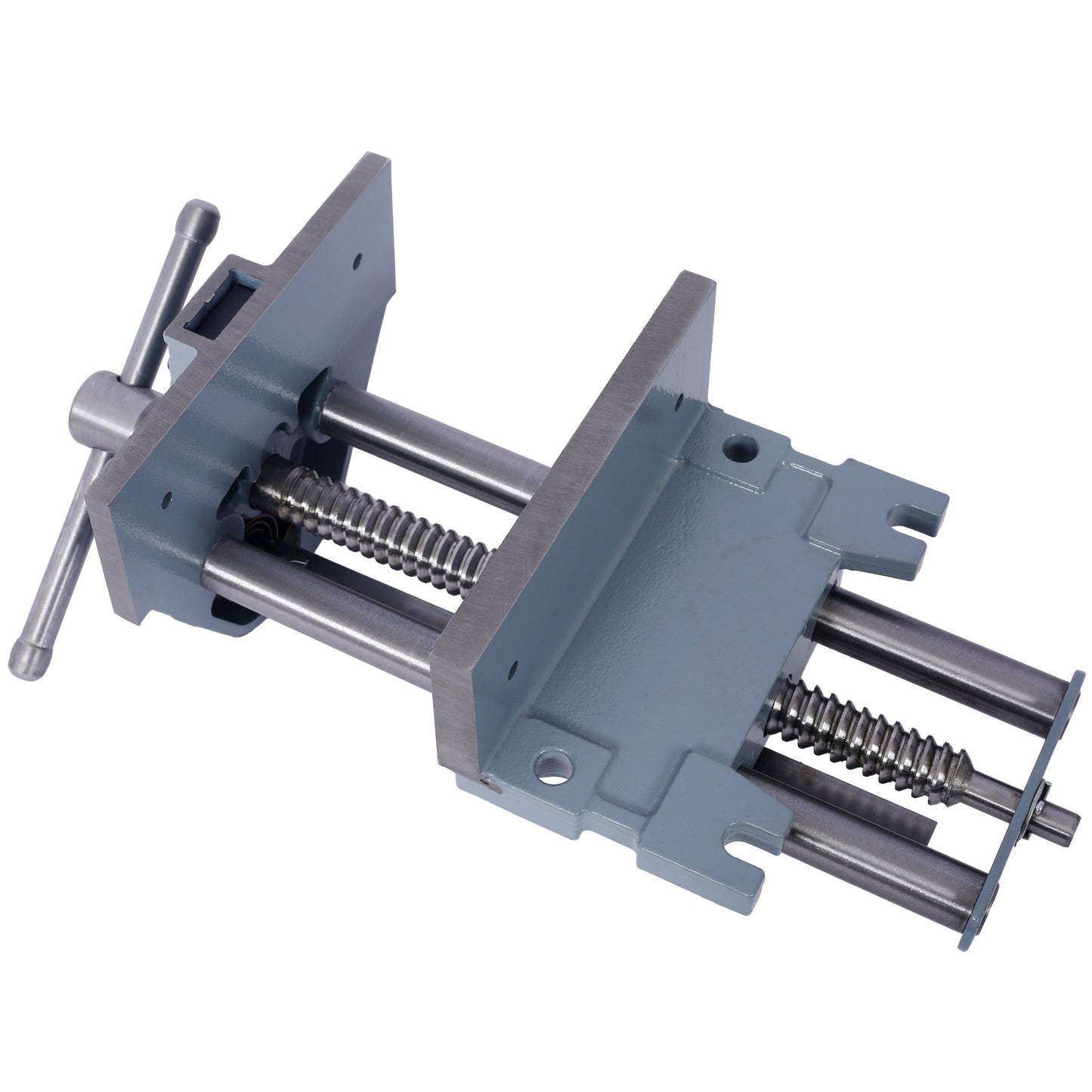 Grey metal woodworking vise with twin screw mechanism and chrome handles