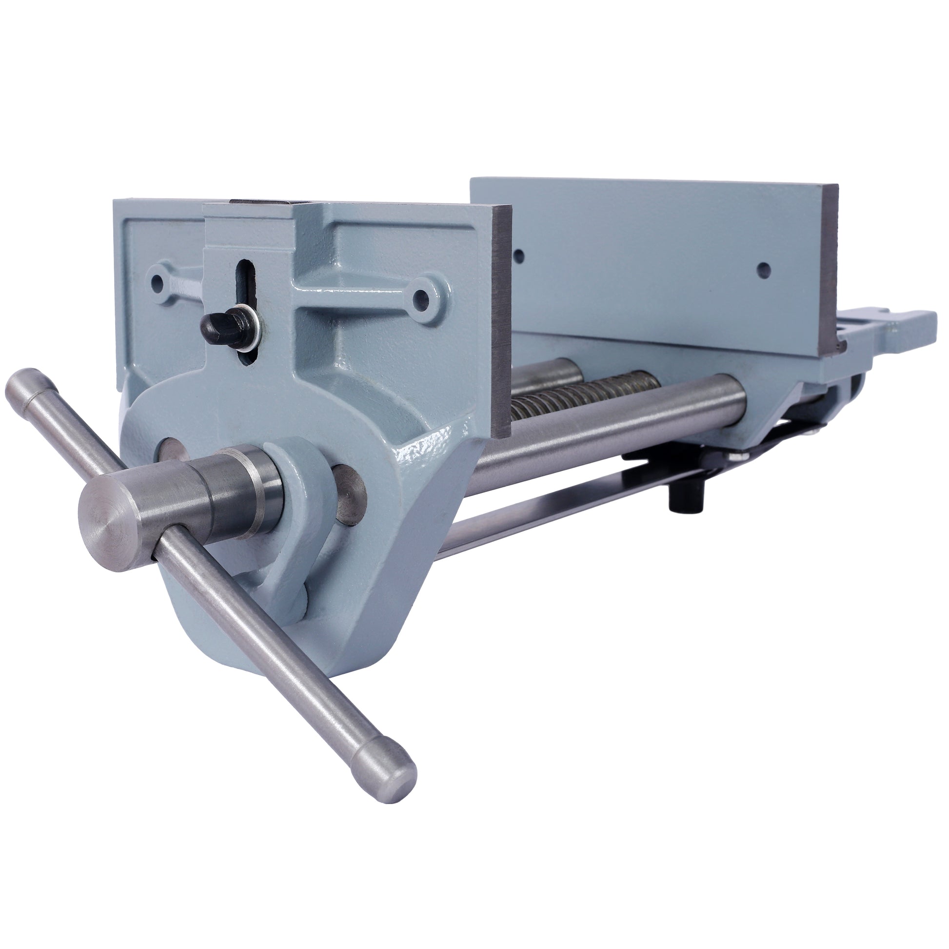 Gray woodworking vise with steel jaws and a metal crank handle
