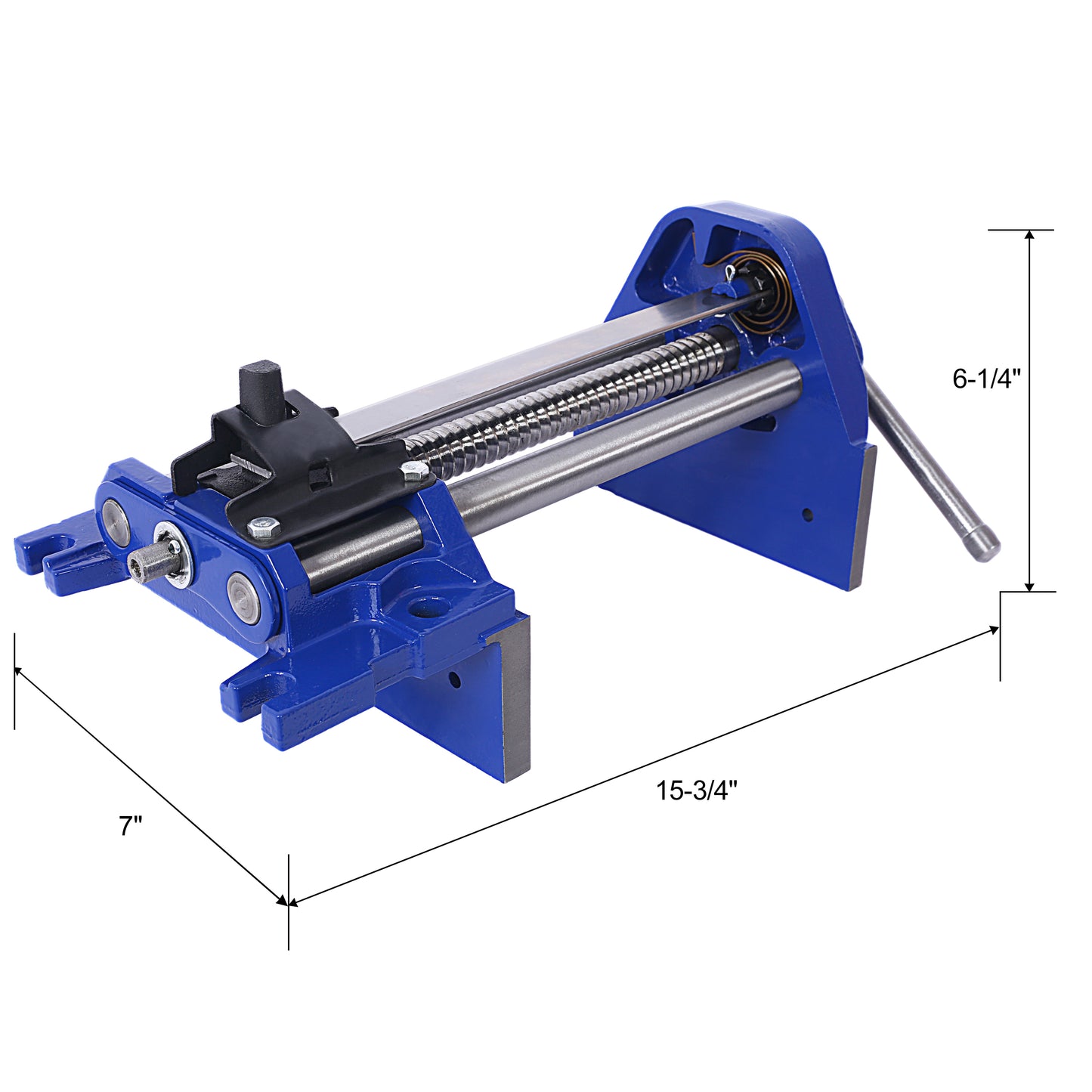 Heavyduty blue metal pipe vise with screw mechanism and dimensions labeled