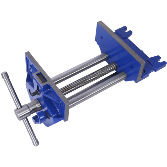 Blue metal woodworking bench vise with steel screw and crank handle for secure clamping