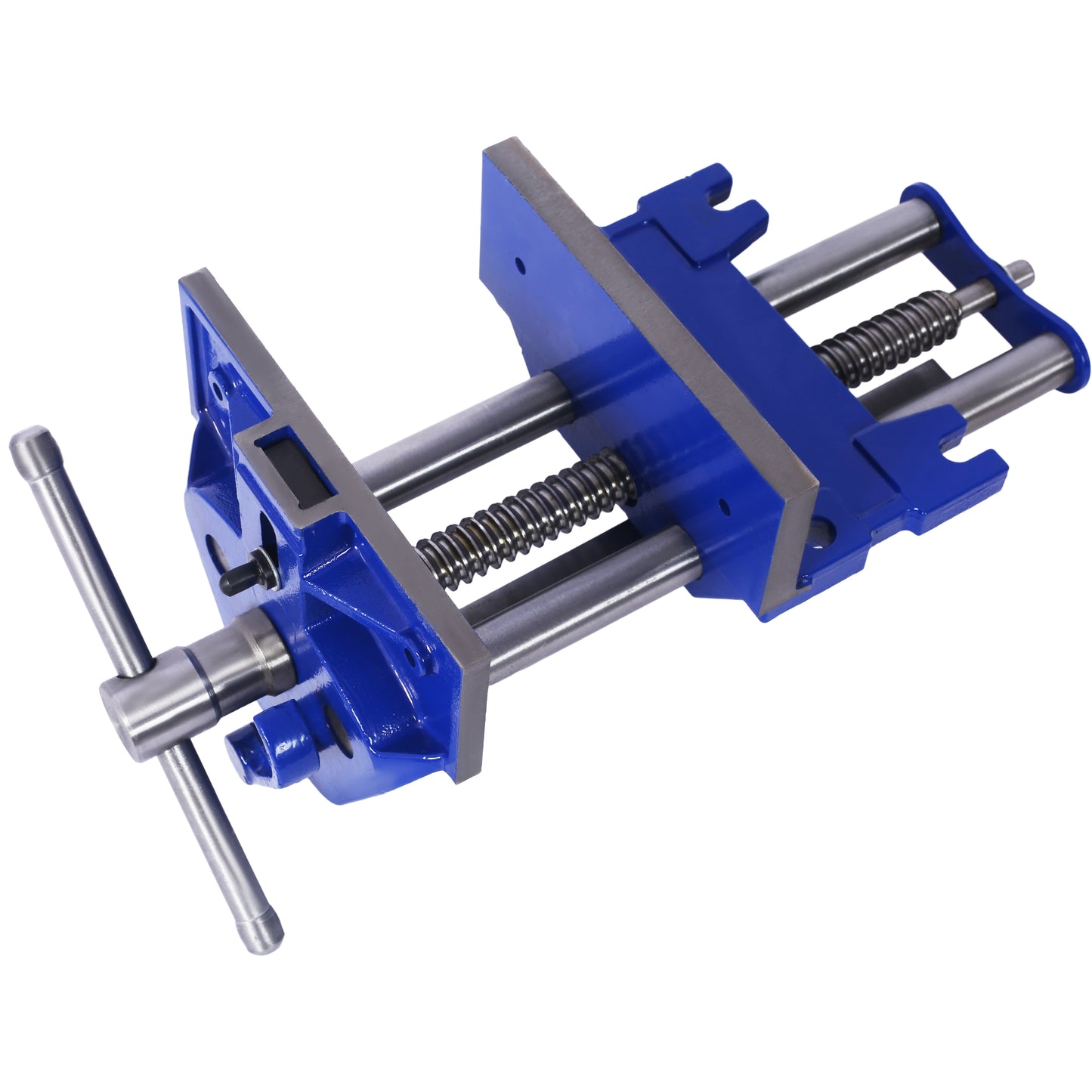 Blue cast iron woodworking vise with dual locking screws and rotating handle