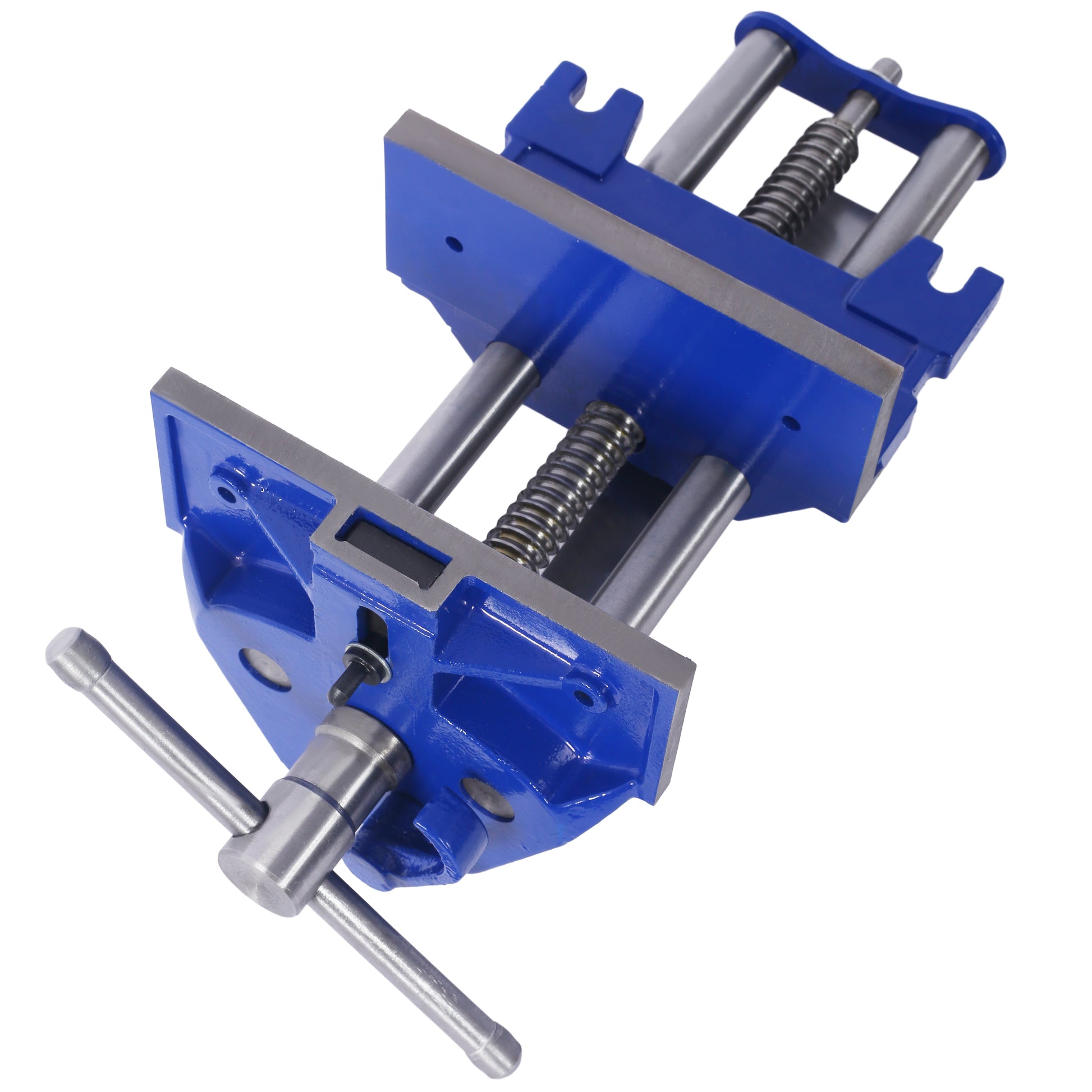 Blue woodworking vise with metal jaws and a hand crank for secure clamping