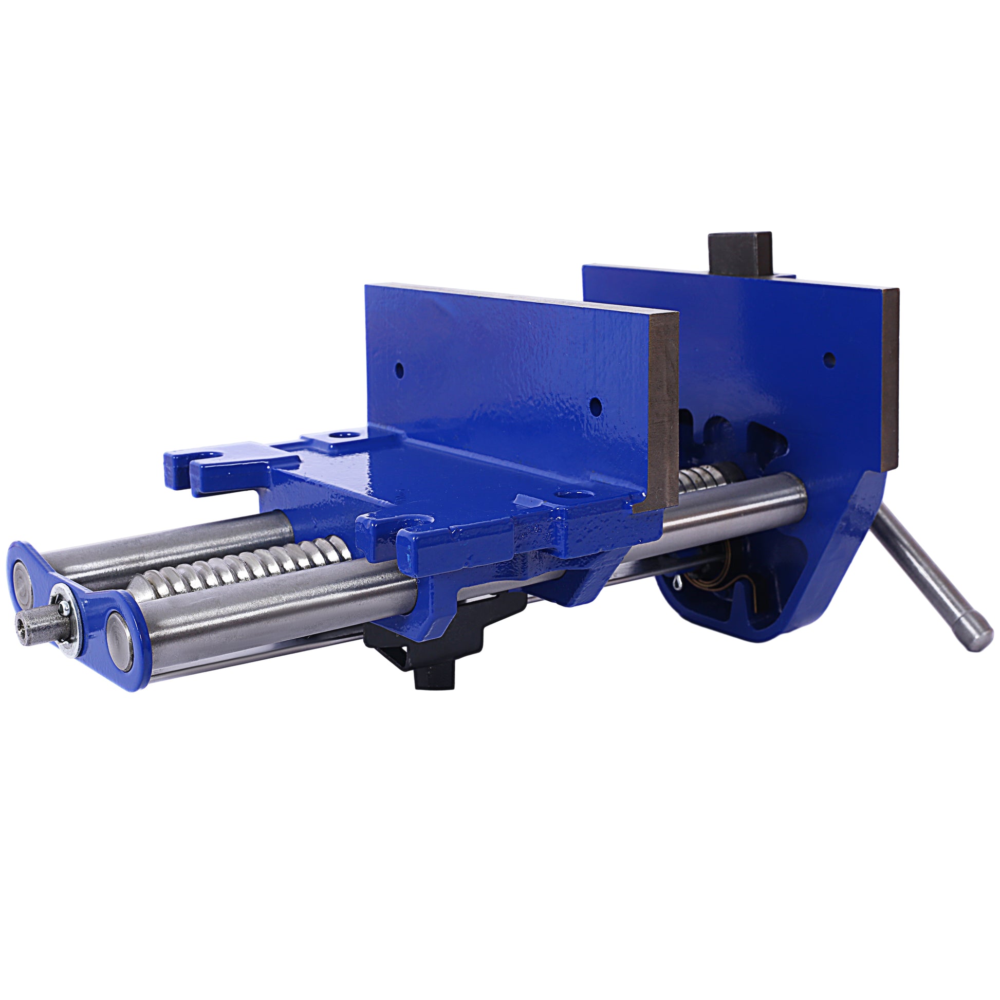 Robust blue metal woodworking bench vise with dual guide rods and a steel spindle
