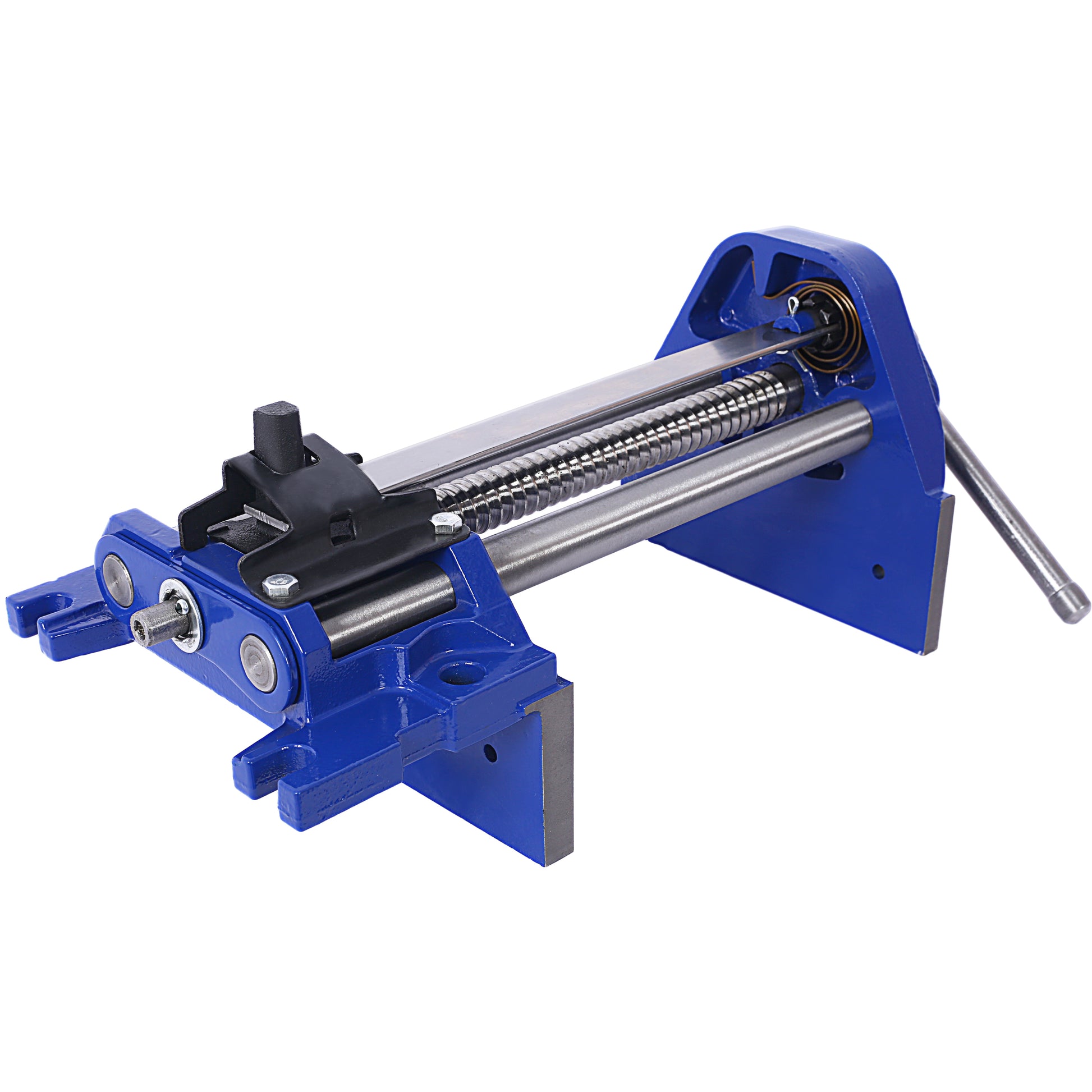 Blue metal bench vise with threaded rod and handle