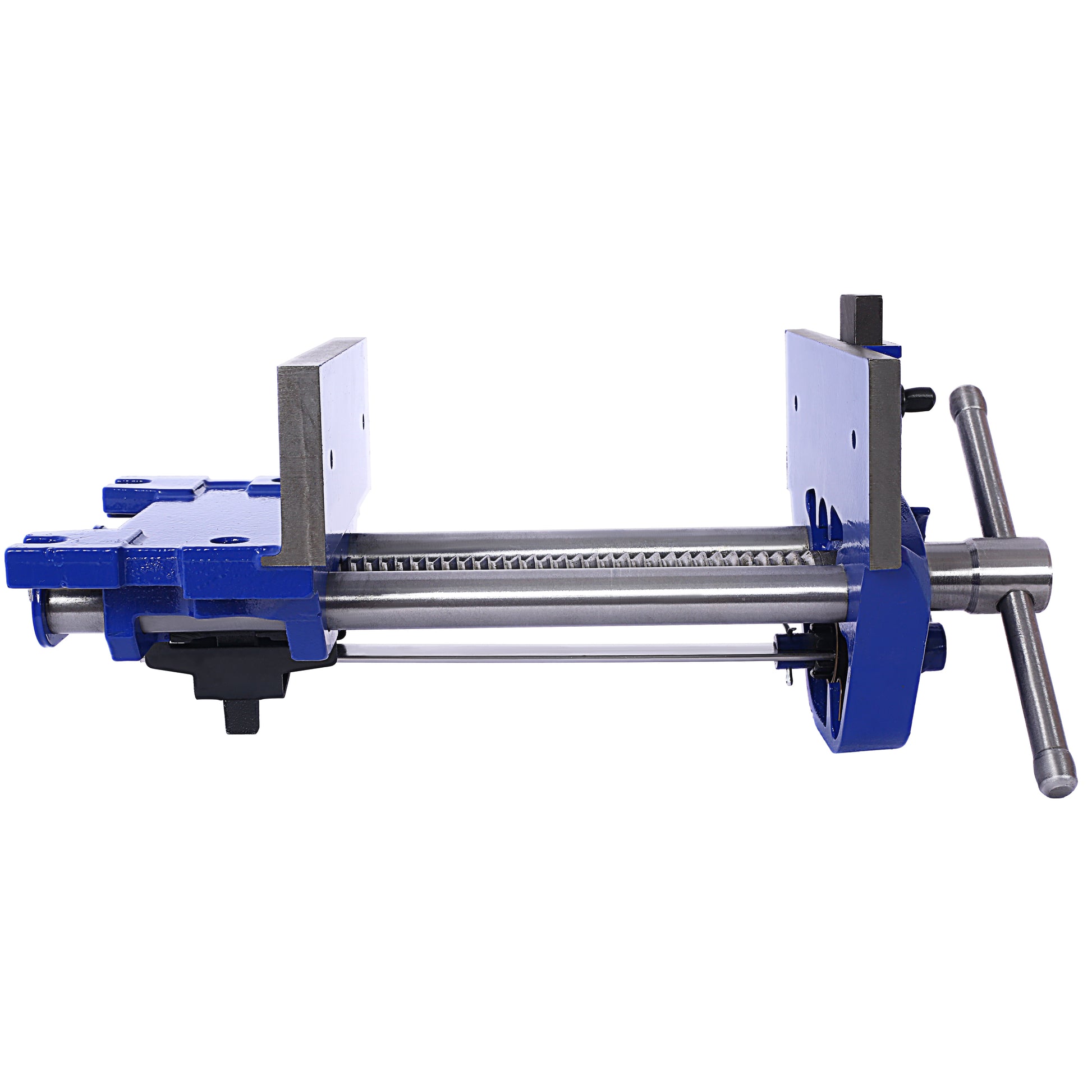 Blue metal woodworking vise with silver screw mechanism and handle