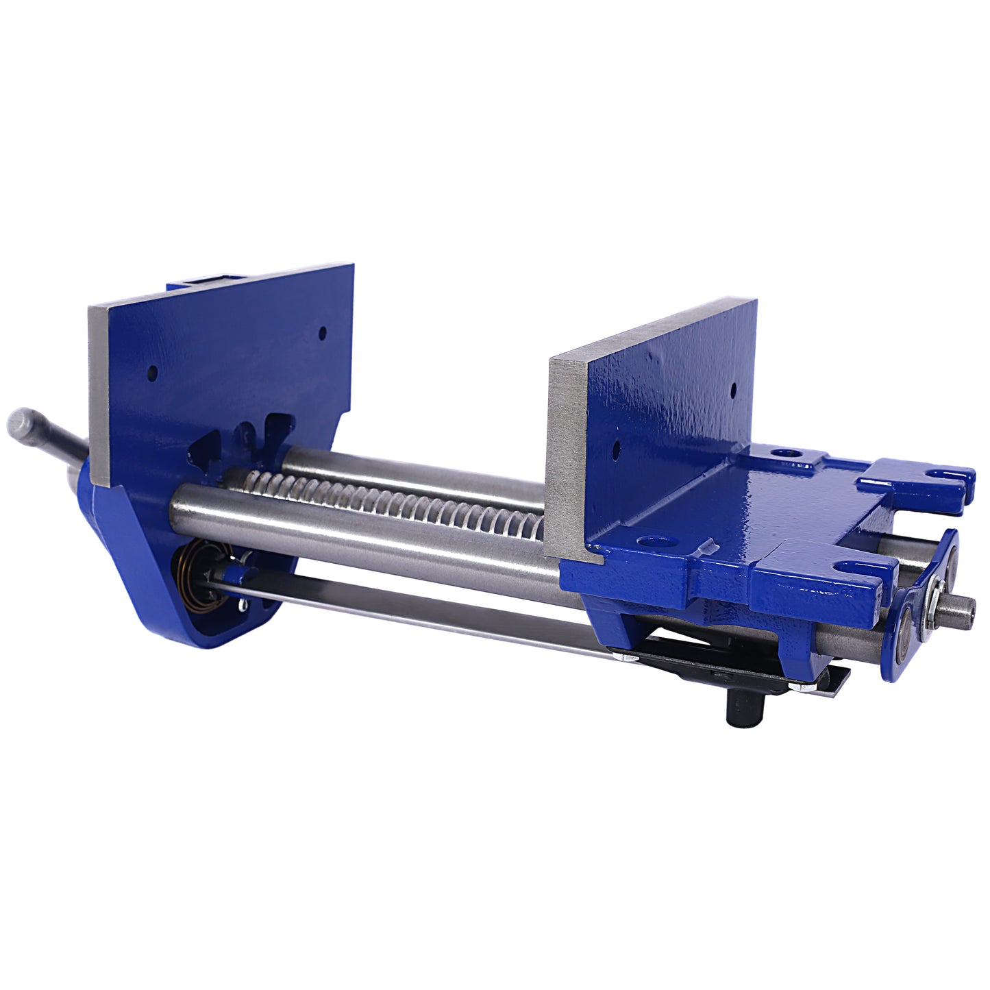 Blue metal woodworking vise with threaded rod and clamp mechanism for bench mounting