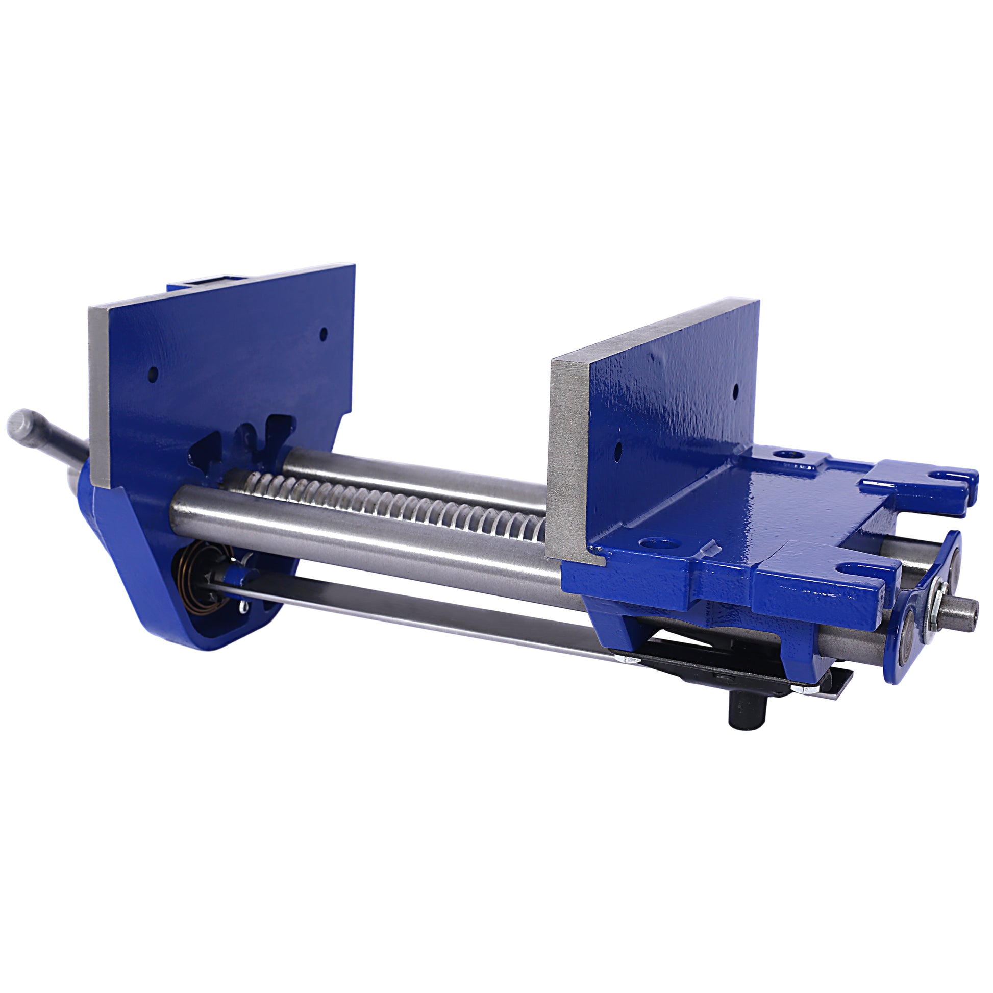 Blue metal woodworking vise with threaded rod and clamp mechanism for bench mounting