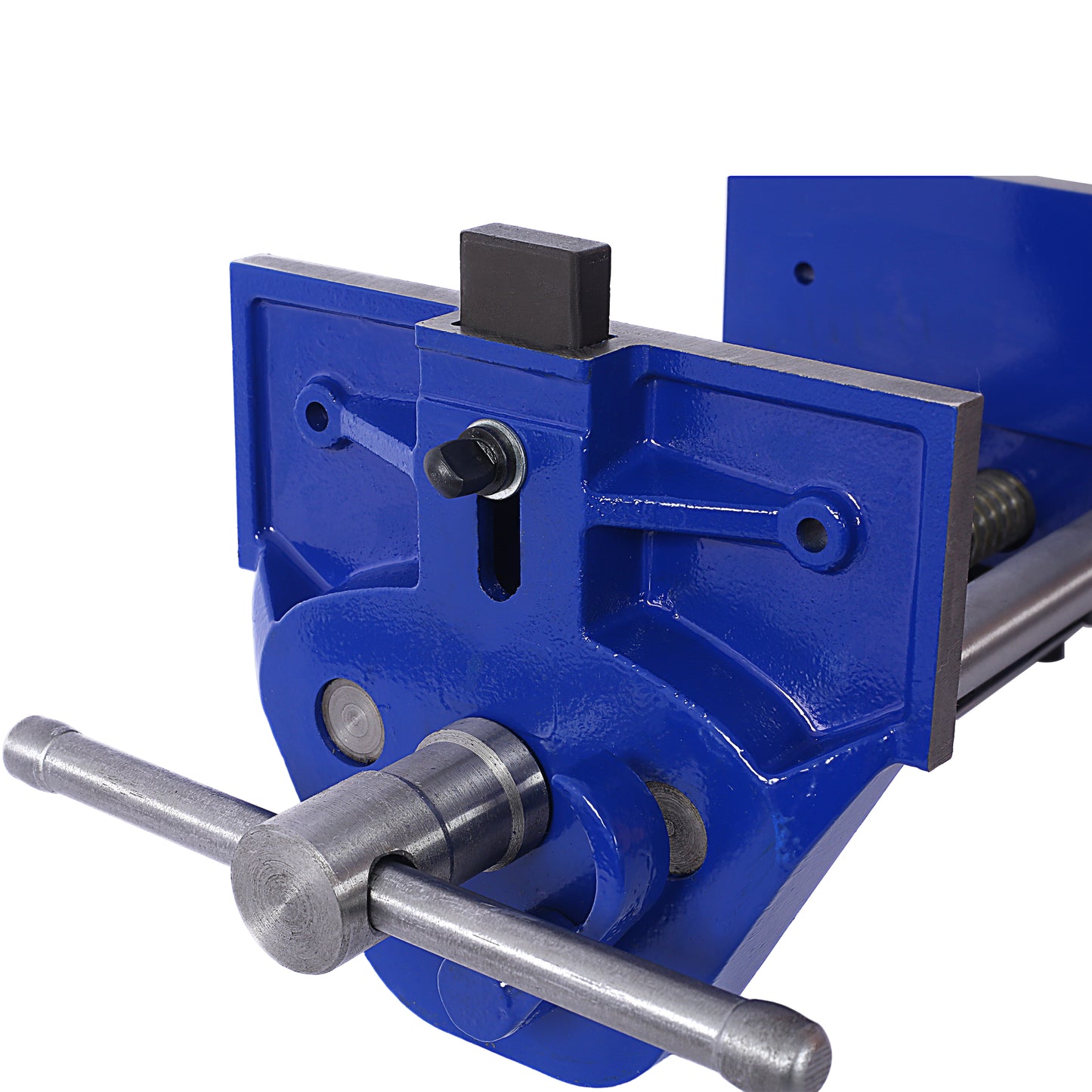 Heavyduty blue bench vise with a silver handle and screw mechanism