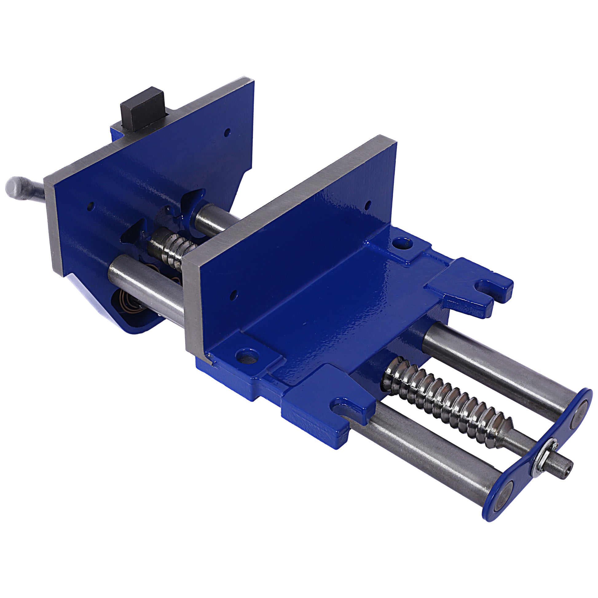 Blue metal woodworking vise with adjustable jaw and steel rods for clamp stability