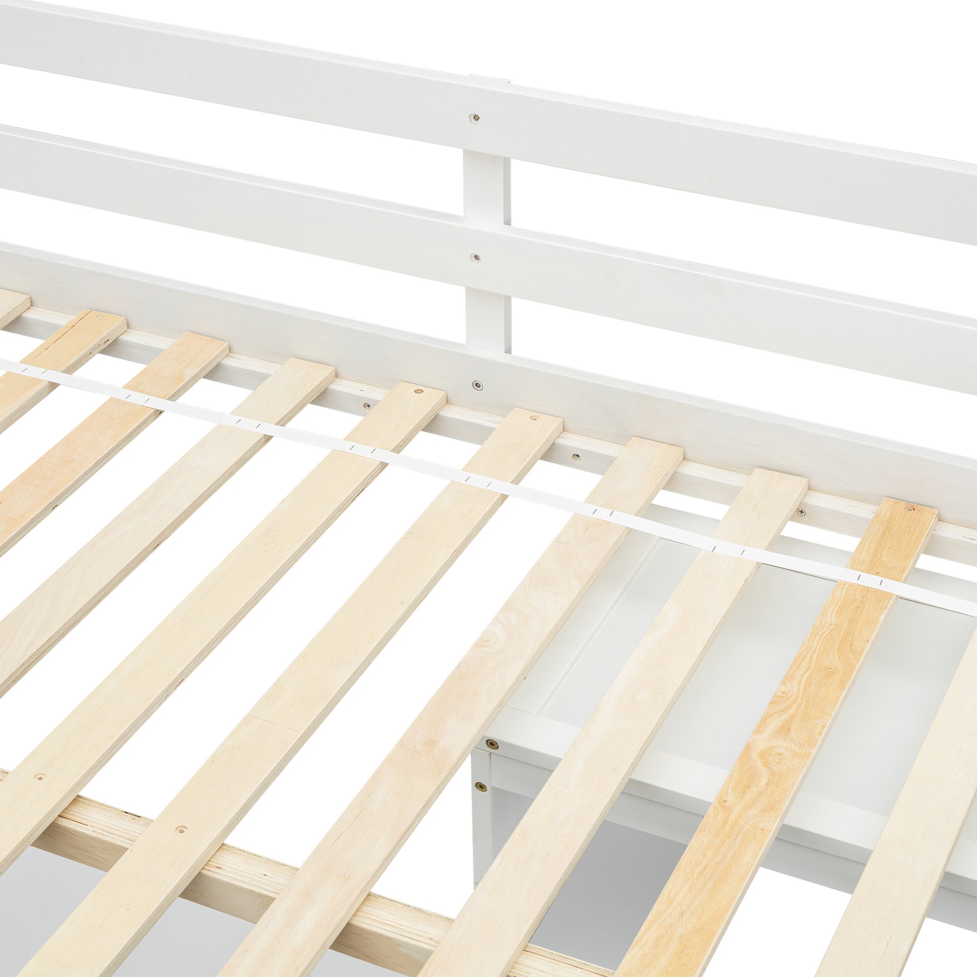 White wooden bed frame slats offering sturdy support for a mattress