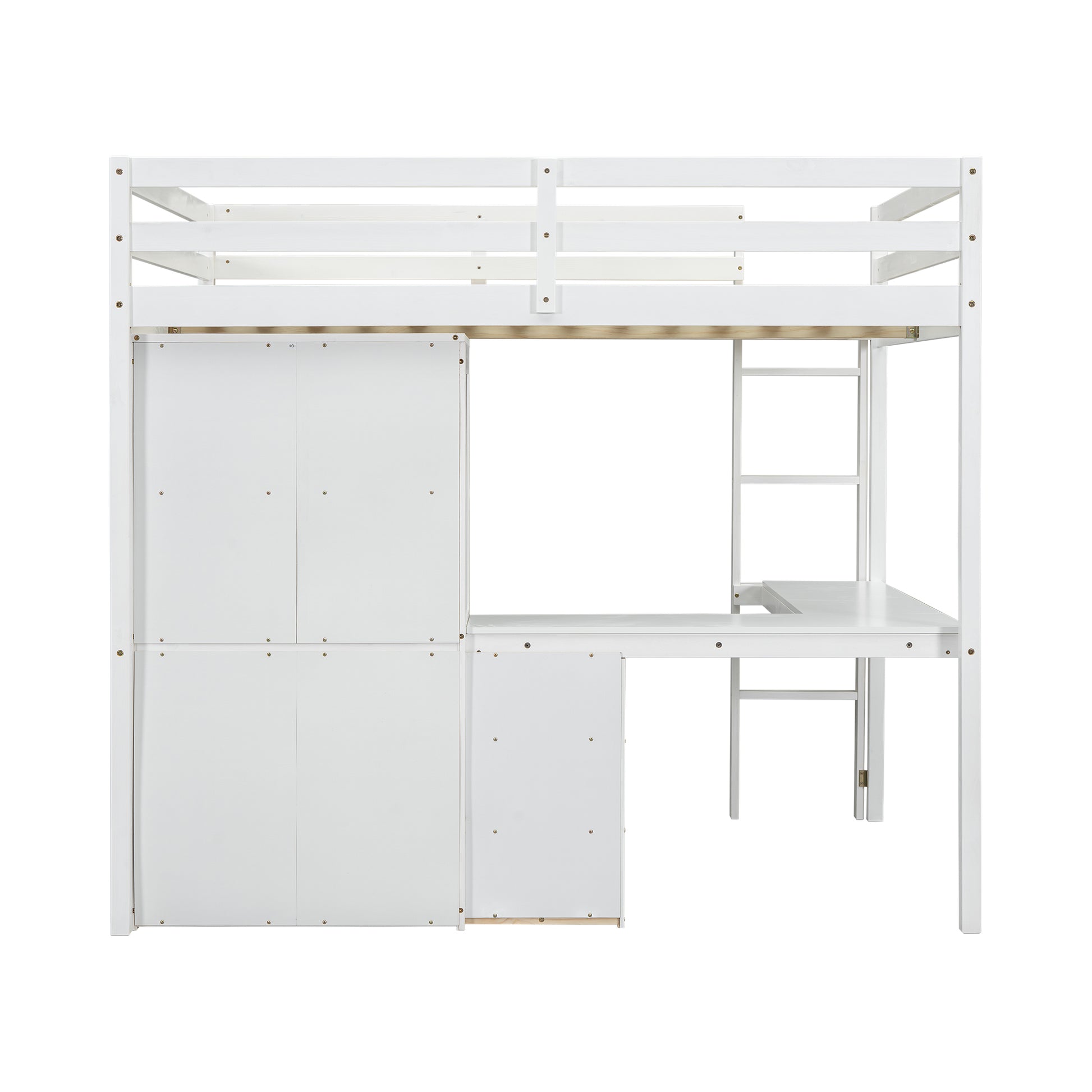 White loft bed with integrated desk and storage cabinets featuring a sturdy wooden frame