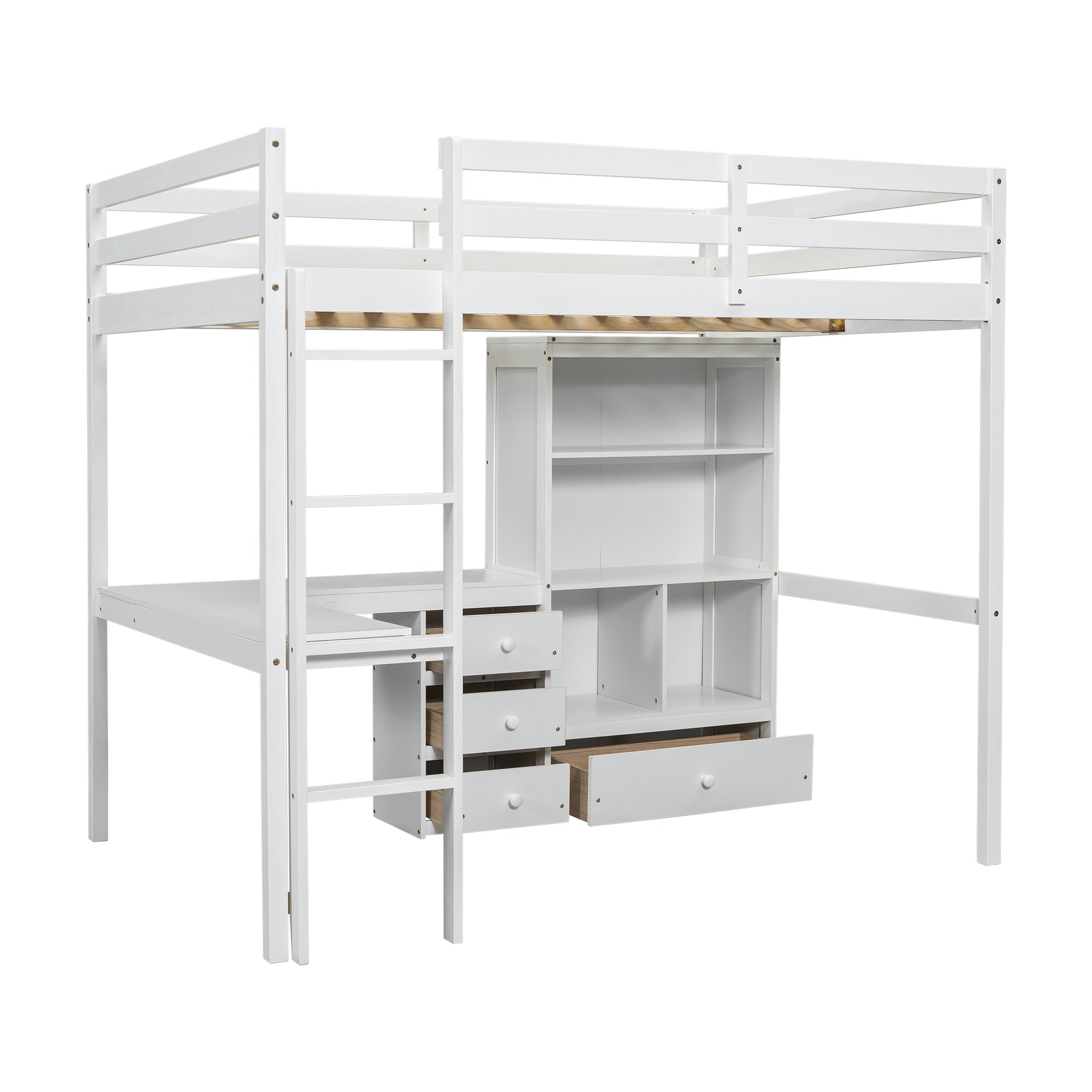 White wooden loft bed with integrated desk and bookshelf for kids