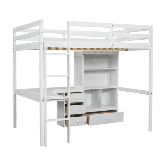 White wooden loft bed with integrated desk and bookshelf for kids