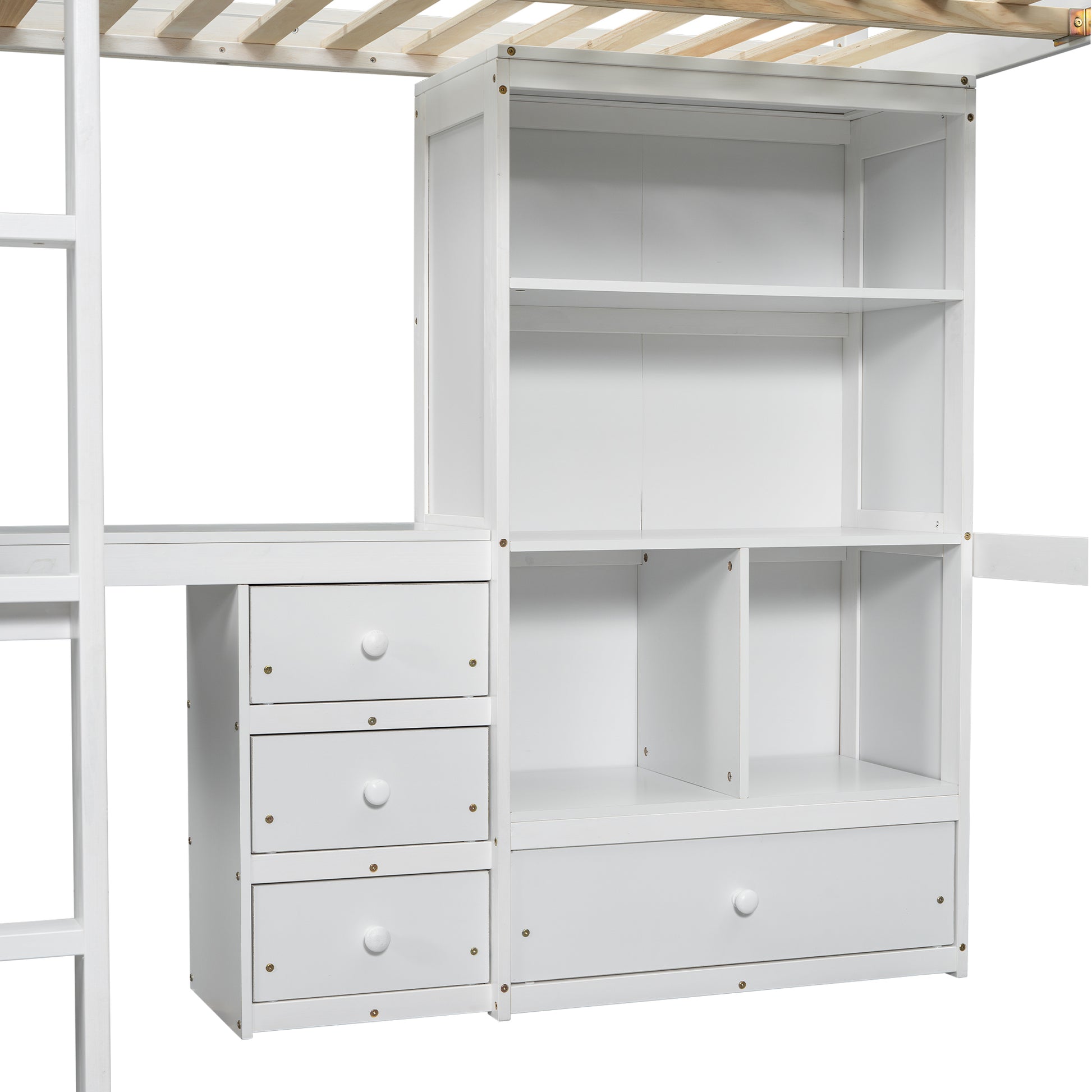 White loft bed desk and bookshelf unit with drawers and open shelving
