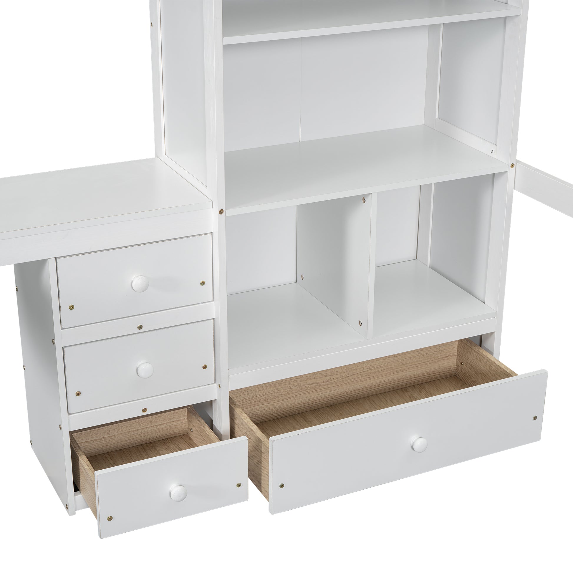 White bunk bed desk with open drawers and shelves designed for childrens room organization