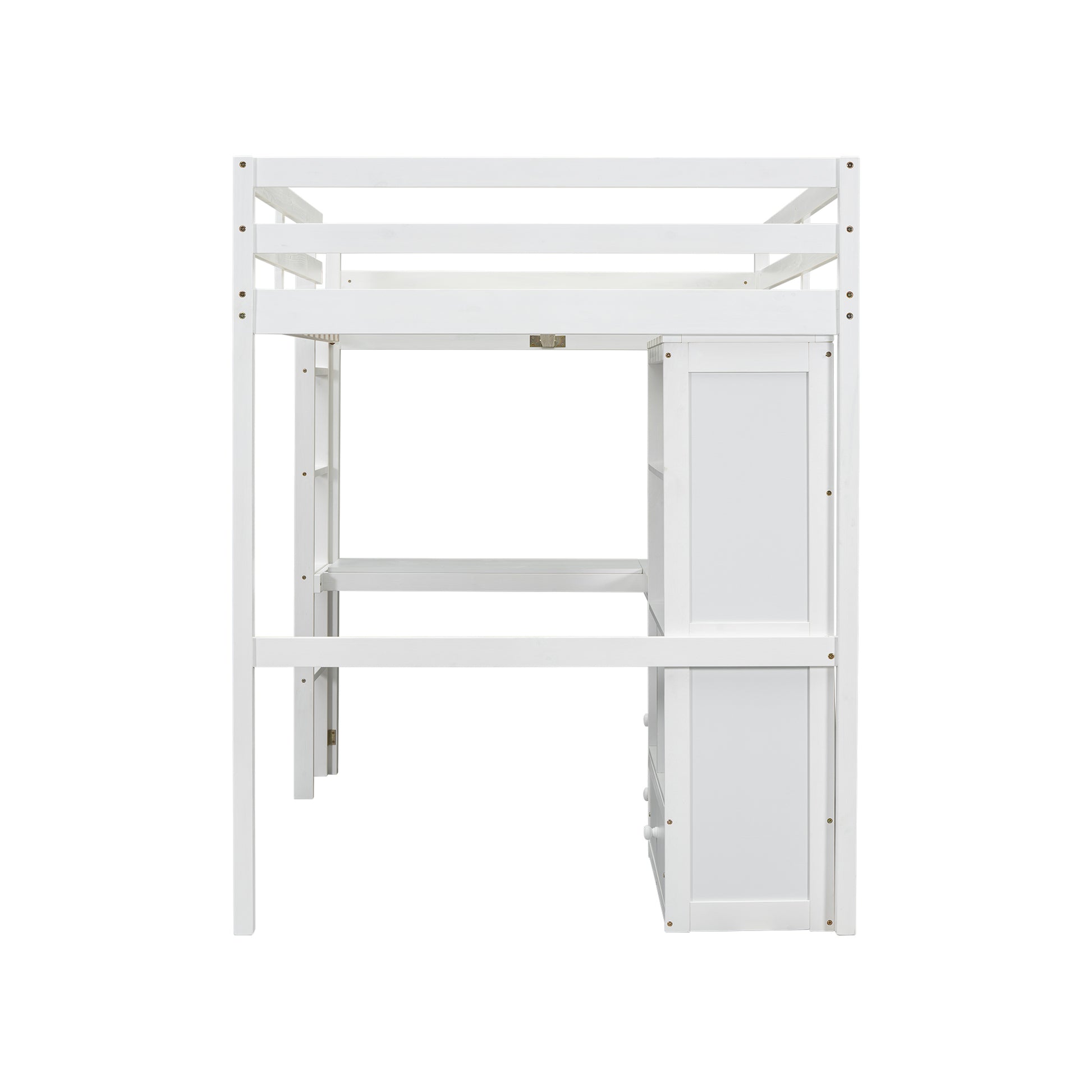 White loft bed with integrated desk and drawers for kids room