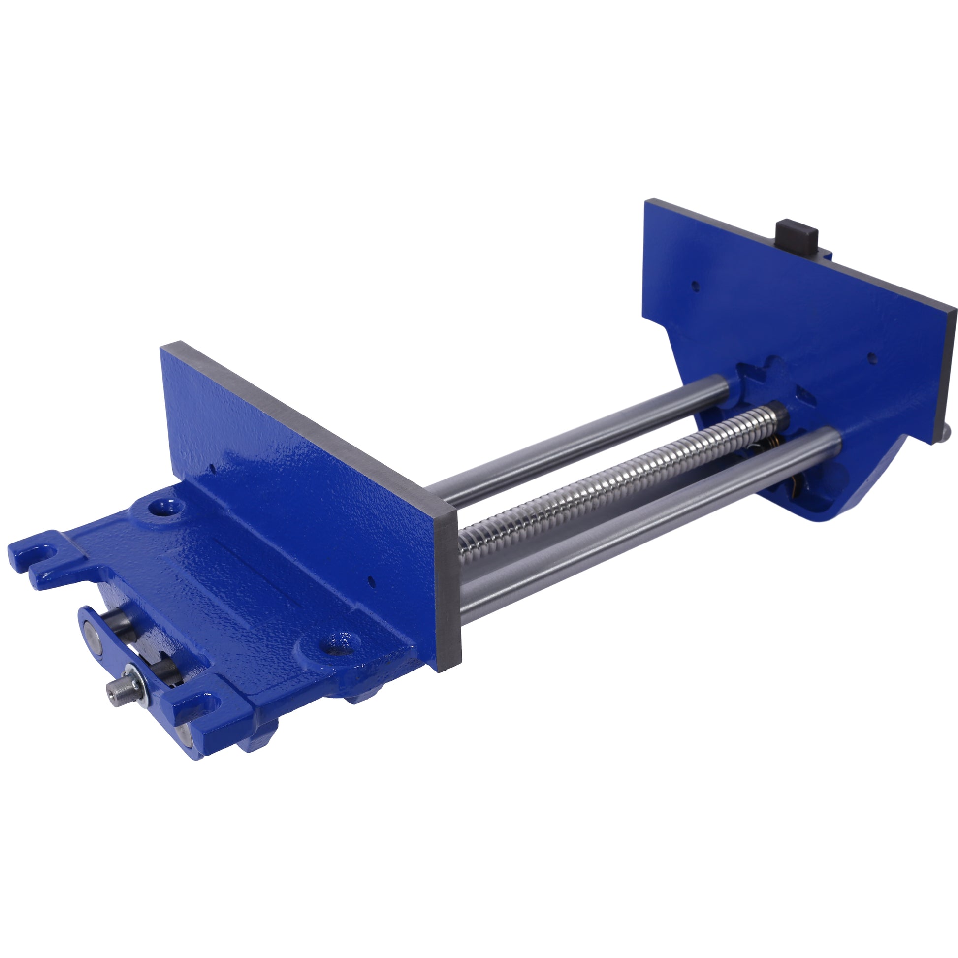 Blue metal bench vise with steel jaws and screw mechanism for woodworking projects