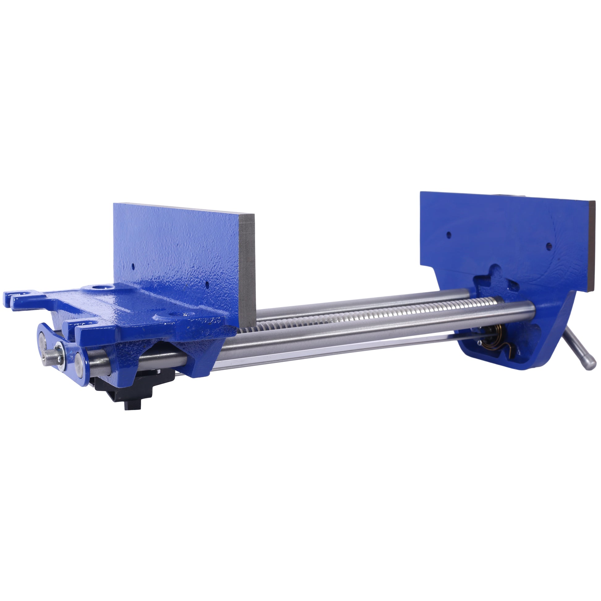 Blue swivel vise with smooth steel rod and mounting holes for workbench