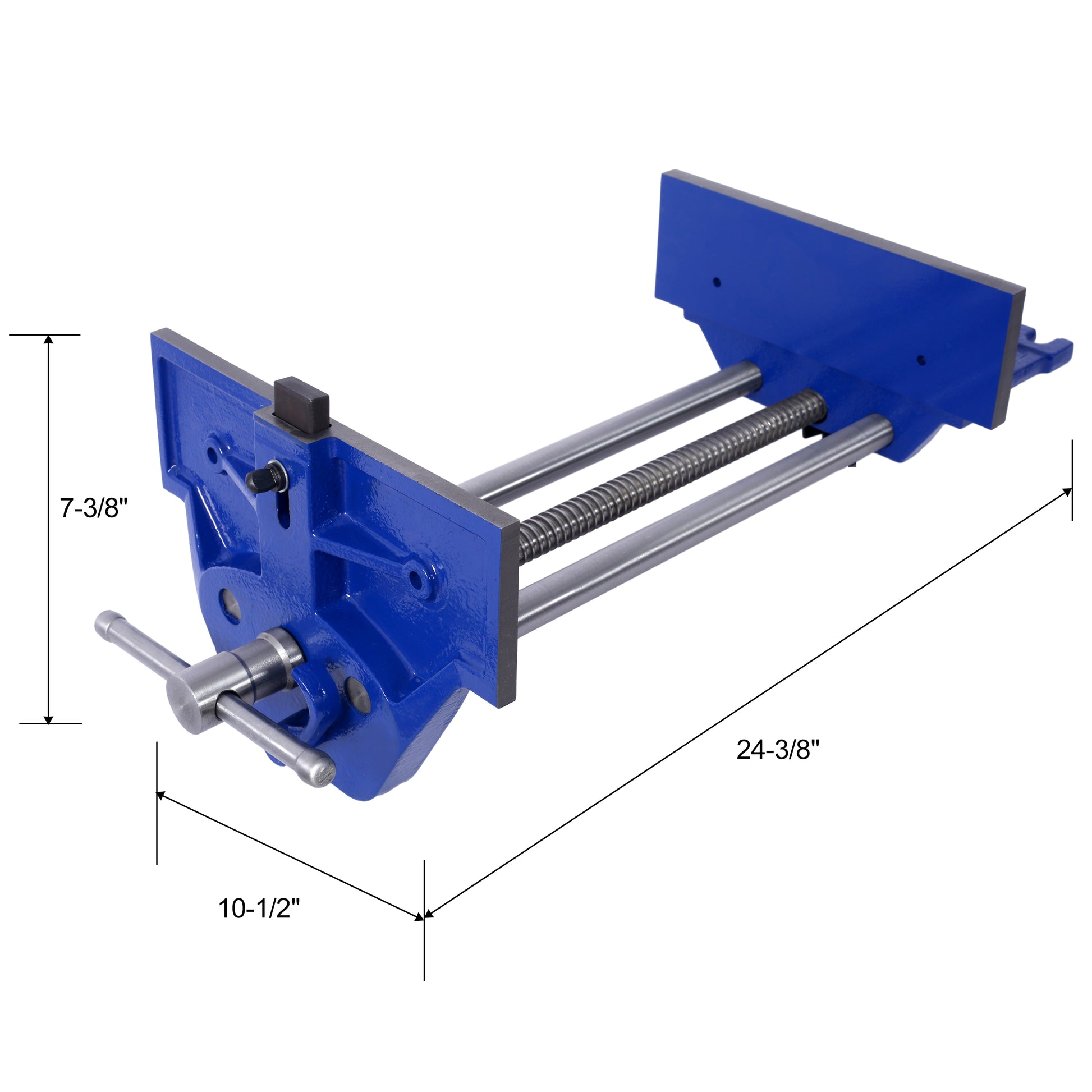 Vise with heavyduty cast iron construction and a bright blue powder coat finish for woodworking tasks