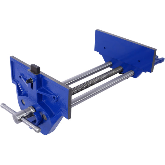 Blue cast iron woodworking vise with steel guide rods and threaded spindle for workbench mounting