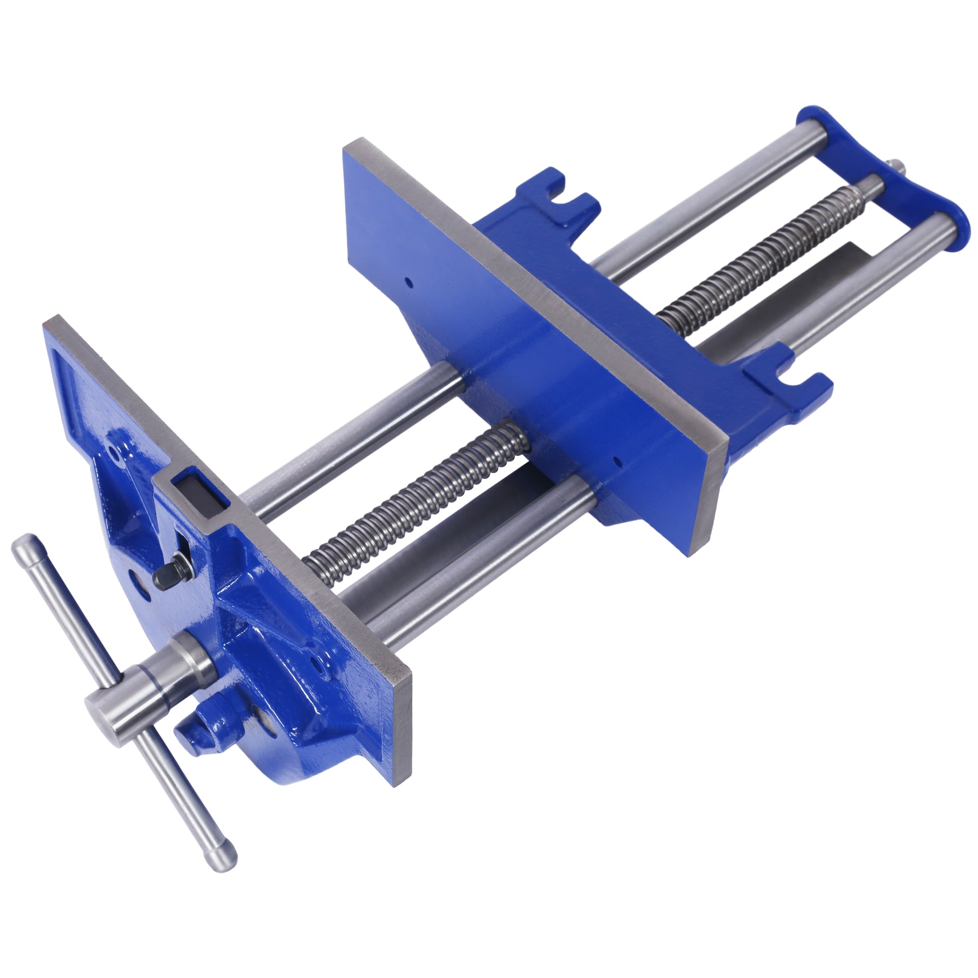 Heavyduty blue metal woodworking vise with a steel screw mechanism and handle