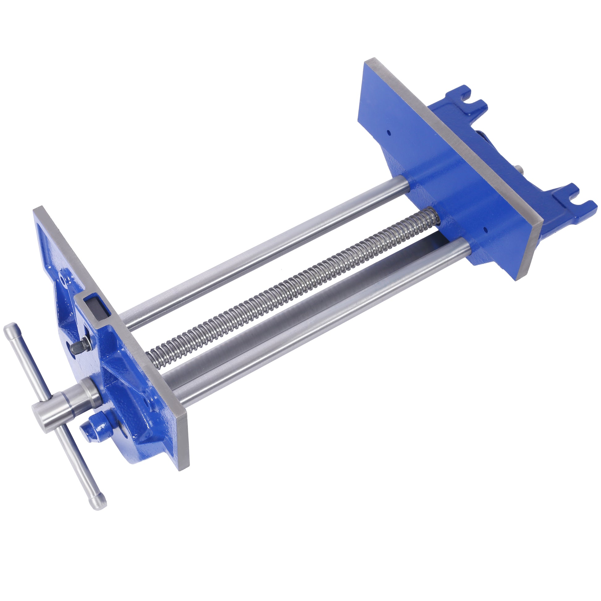 Heavy duty blue metal woodworking vise with adjustable steel bars and crank handle