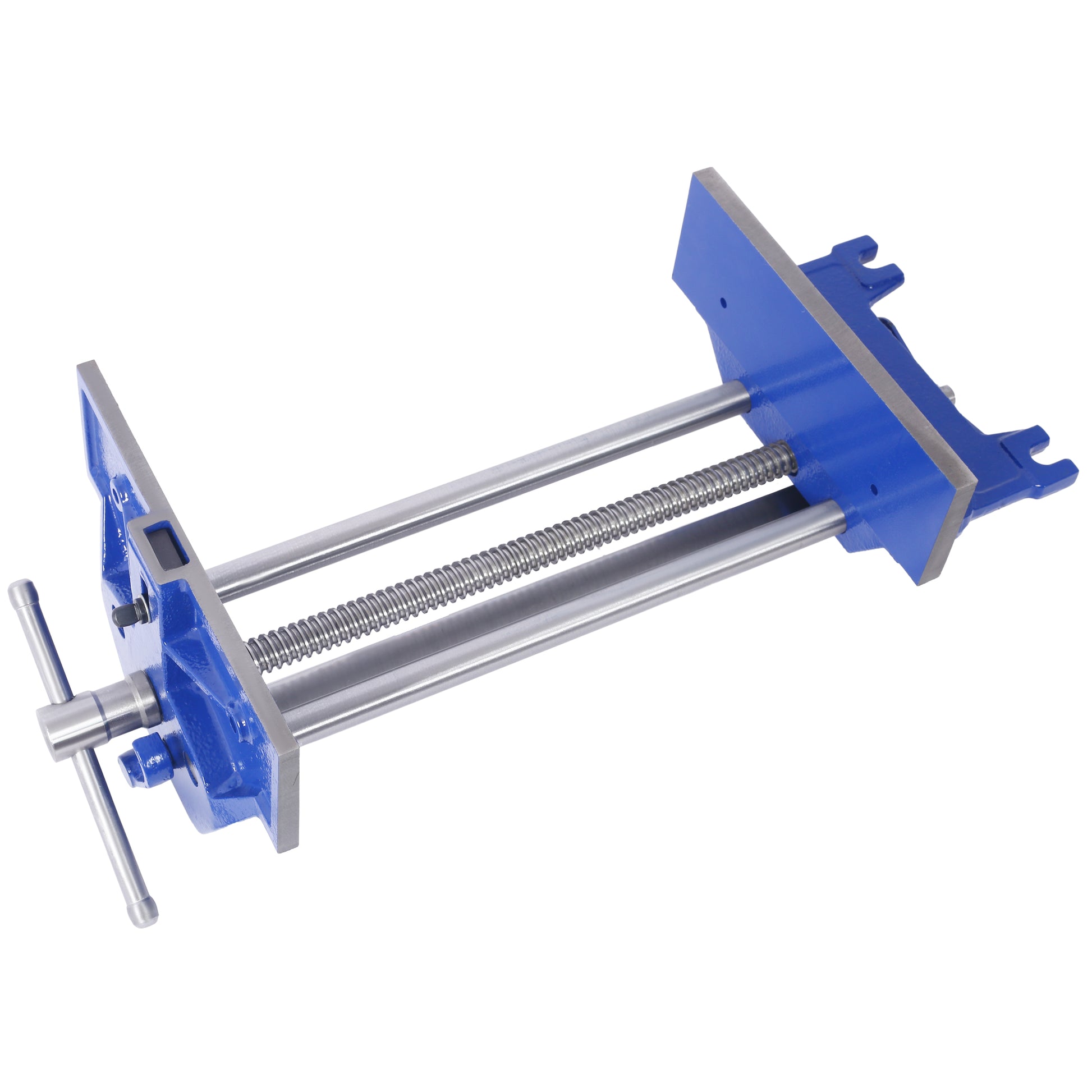 Blue woodworking vise with chrome screw mechanism ideal for bench clamping